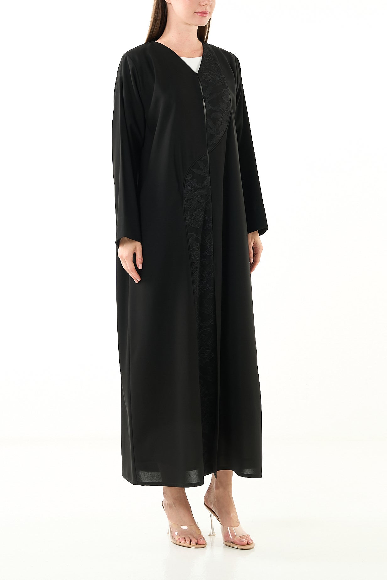 Black Nova Crepe Abaya with Front Lace cut Detail - Posh Abaya