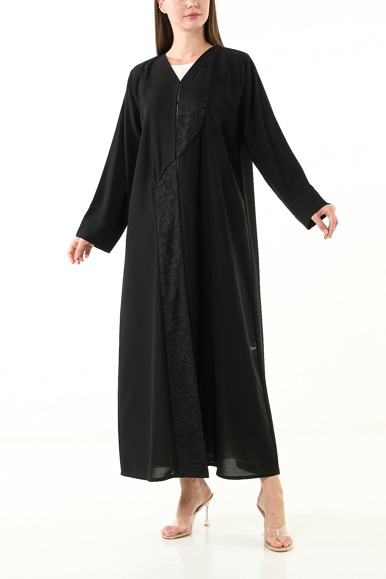 Black Nova Crepe Abaya with Front Lace cut Detail - Posh Abaya
