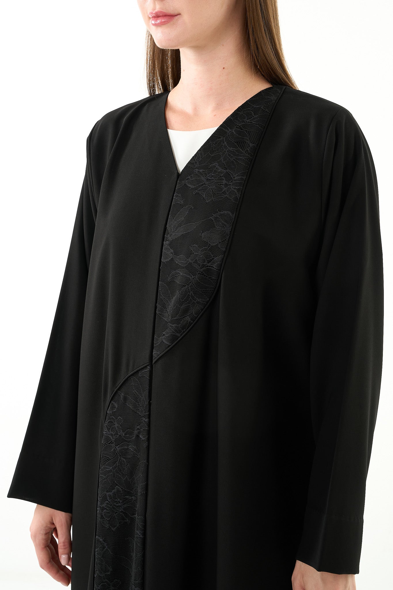 Black Nova Crepe Abaya with Front Lace cut Detail - Posh Abaya