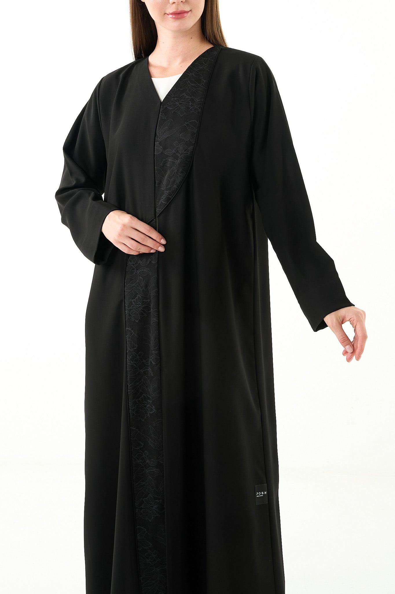 Black Nova Crepe Abaya with Front Lace cut Detail - Posh Abaya