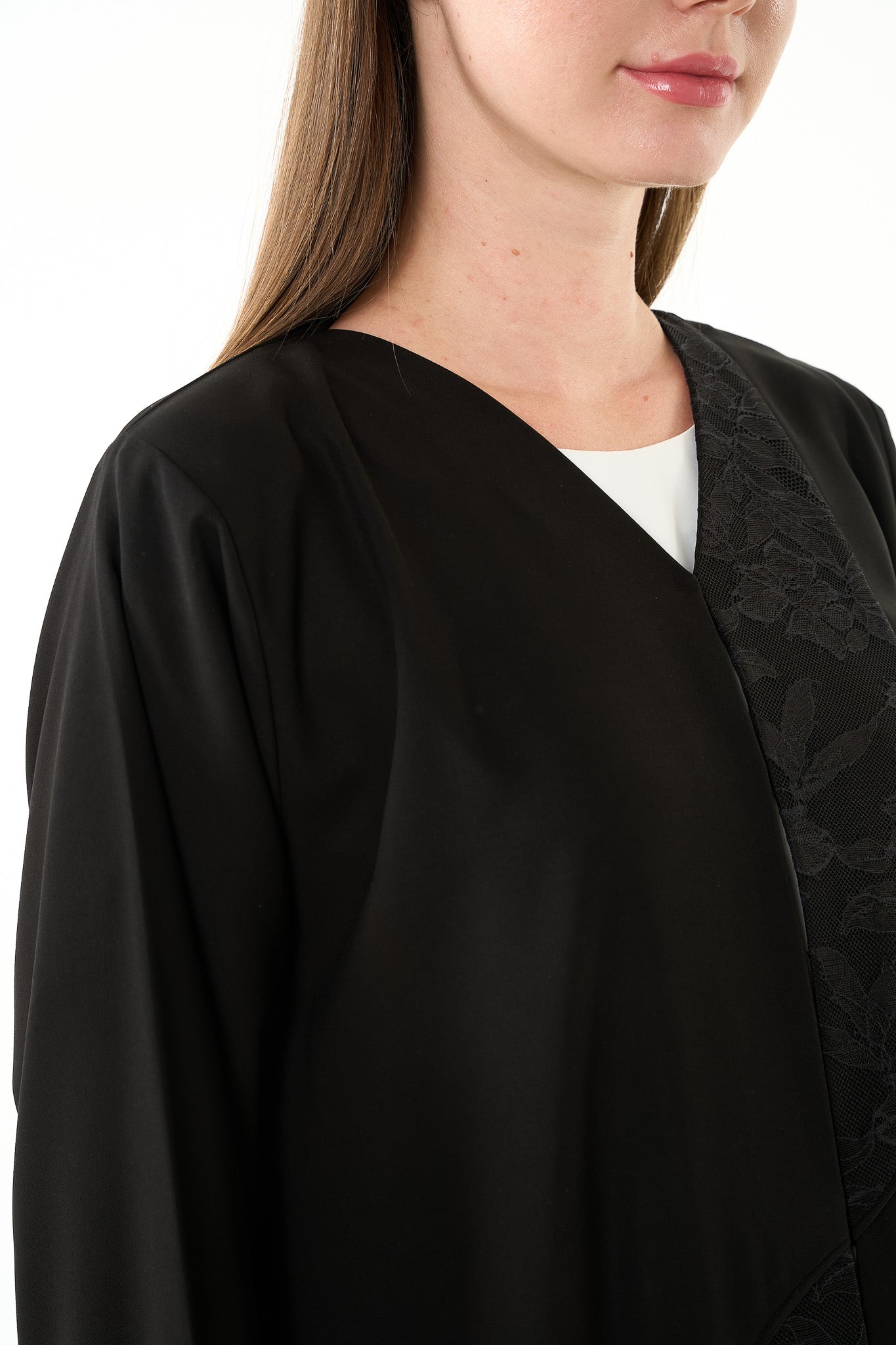 Black Nova Crepe Abaya with Front Lace cut Detail - Posh Abaya