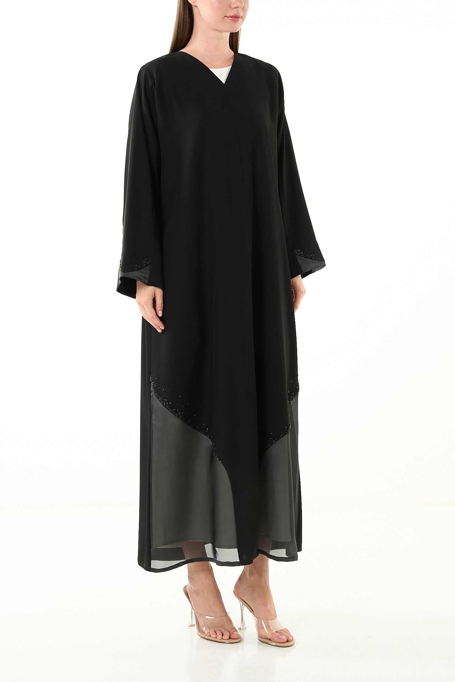 Black Aria Crepe Abaya with Organza Trim and Mixed Beadwork - Posh Abaya