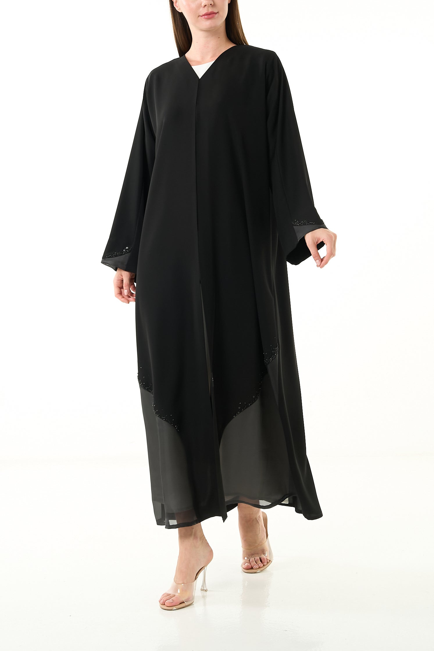 Black Aria Crepe Abaya with Organza Trim and Mixed Beadwork - Posh Abaya