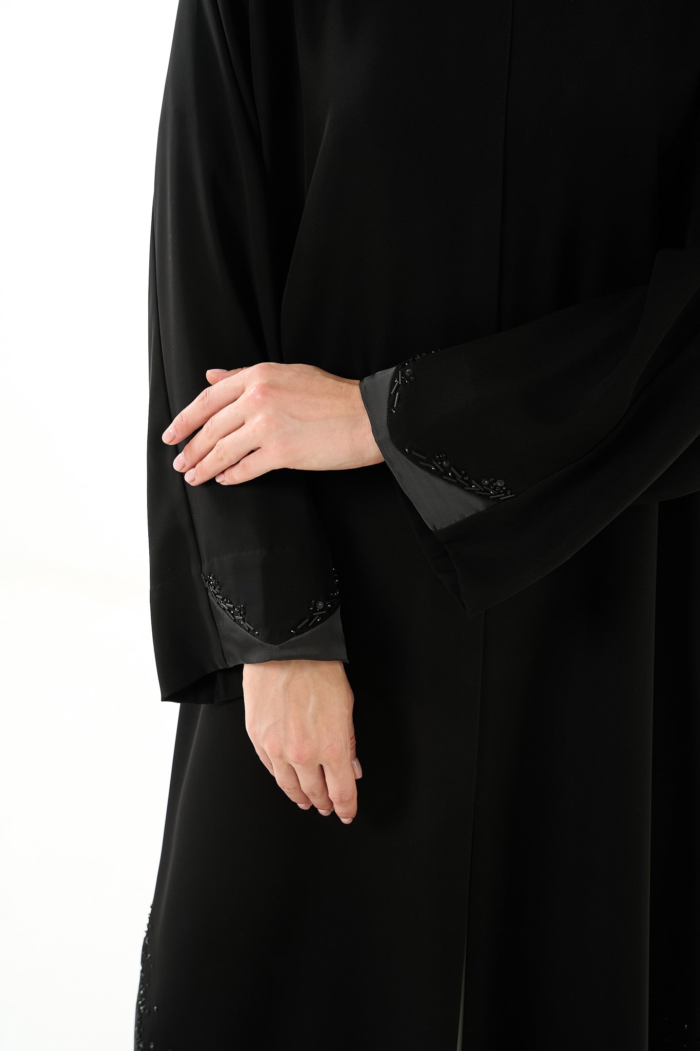 Black Aria Crepe Abaya with Organza Trim and Mixed Beadwork - Posh Abaya
