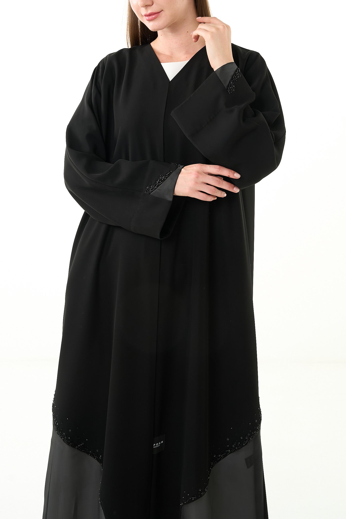 Black Aria Crepe Abaya with Organza Trim and Mixed Beadwork - Posh Abaya