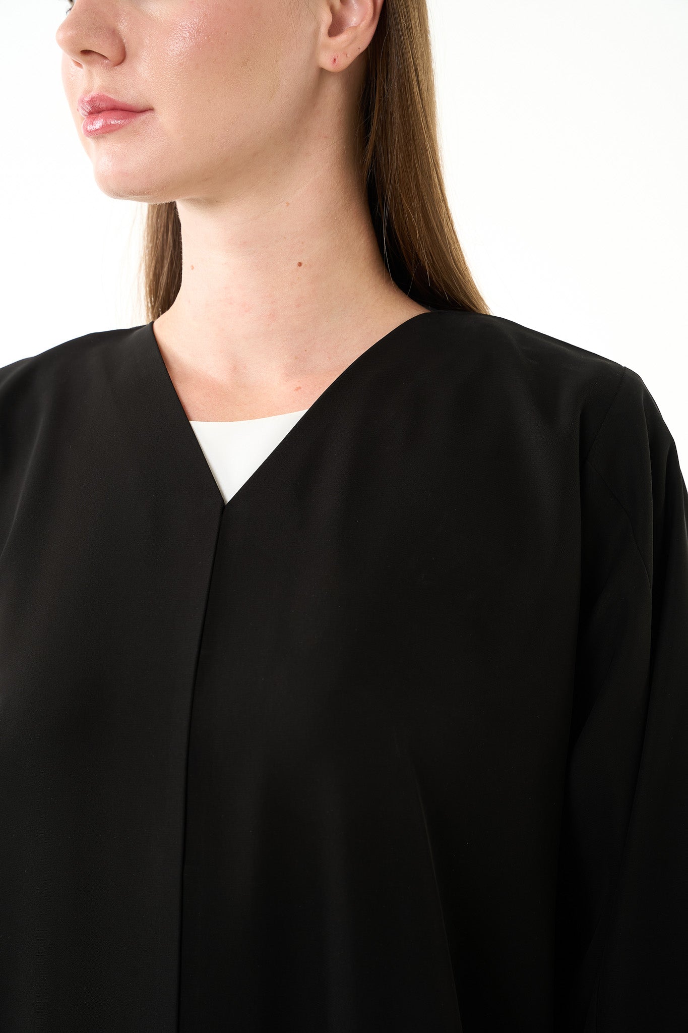 Black Aria Crepe Abaya with Organza Trim and Mixed Beadwork - Posh Abaya