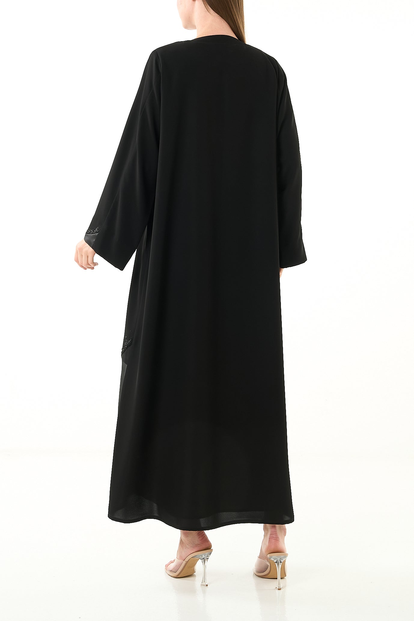 Black Aria Crepe Abaya with Organza Trim and Mixed Beadwork - Posh Abaya