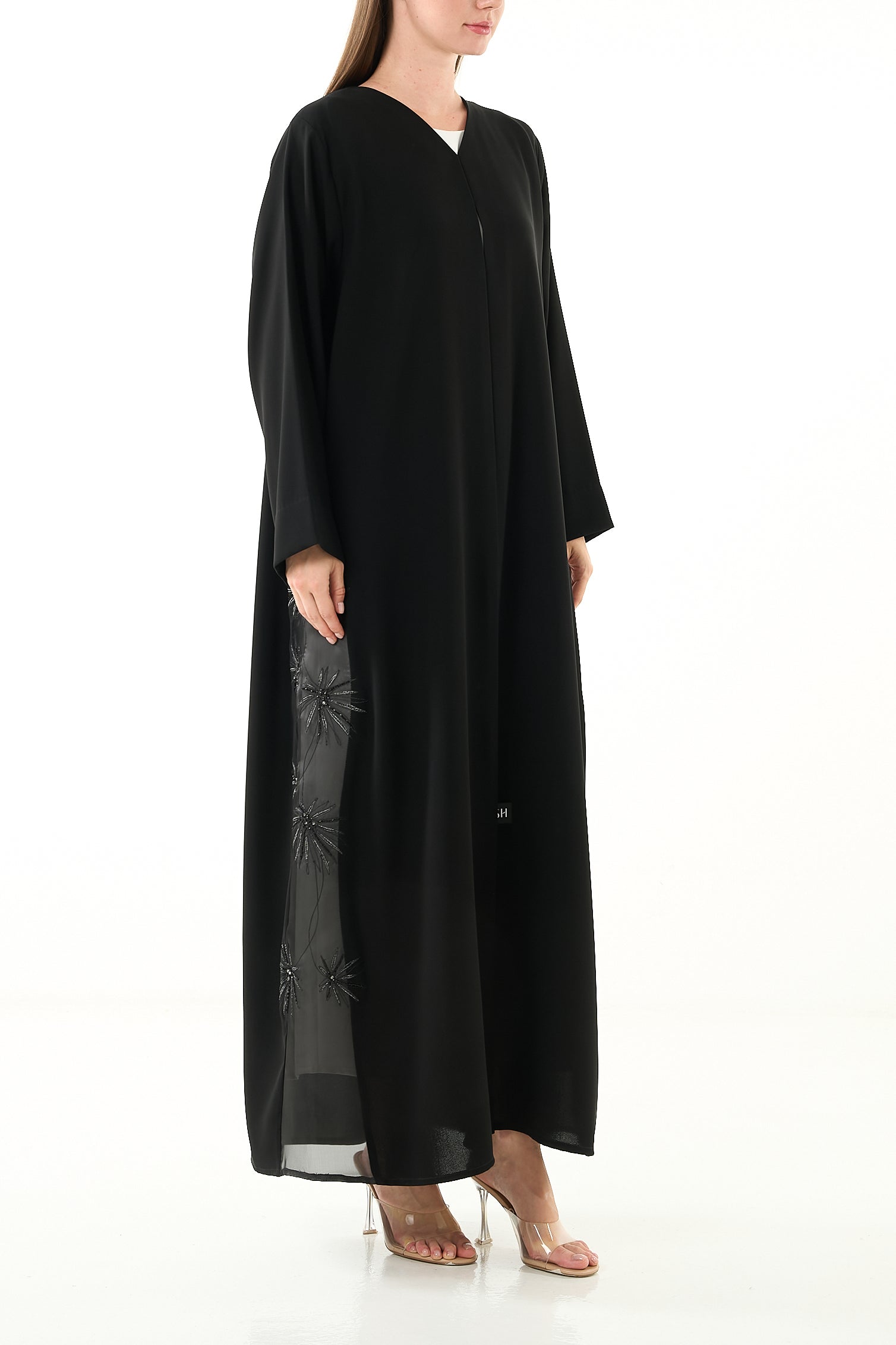Black Jaime Crepe Abaya with Organza Border and Crystal Bead Embellishment - Posh Abaya