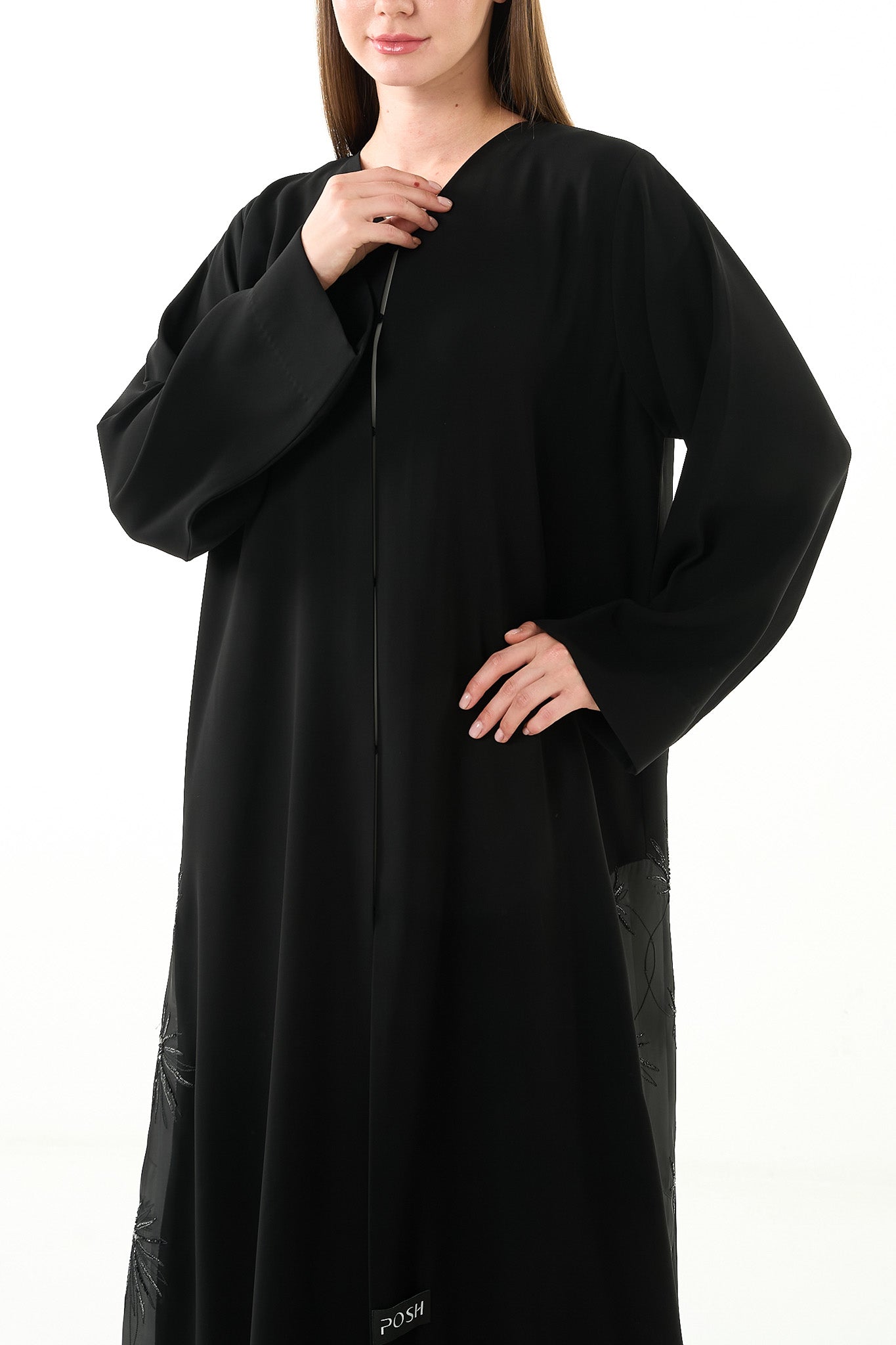 Black Jaime Crepe Abaya with Organza Border and Crystal Bead Embellishment - Posh Abaya