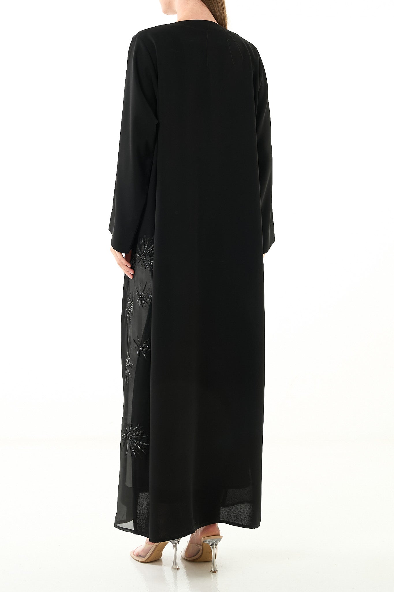 Black Jaime Crepe Abaya with Organza Border and Crystal Bead Embellishment - Posh Abaya