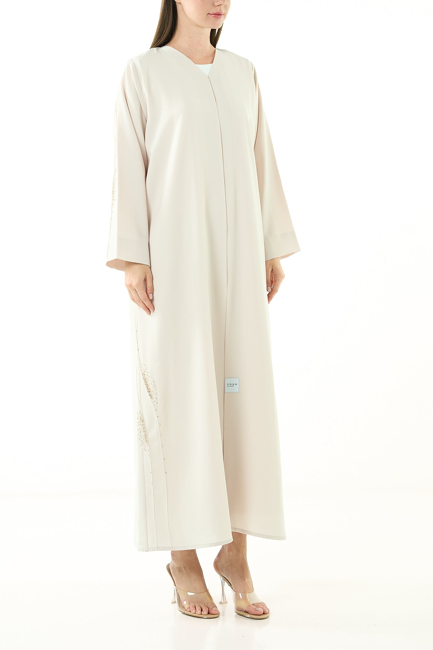 Beige Tokyo Crepe Abaya with Pintuck Front and Crystal Bead Detailing - Posh Abaya