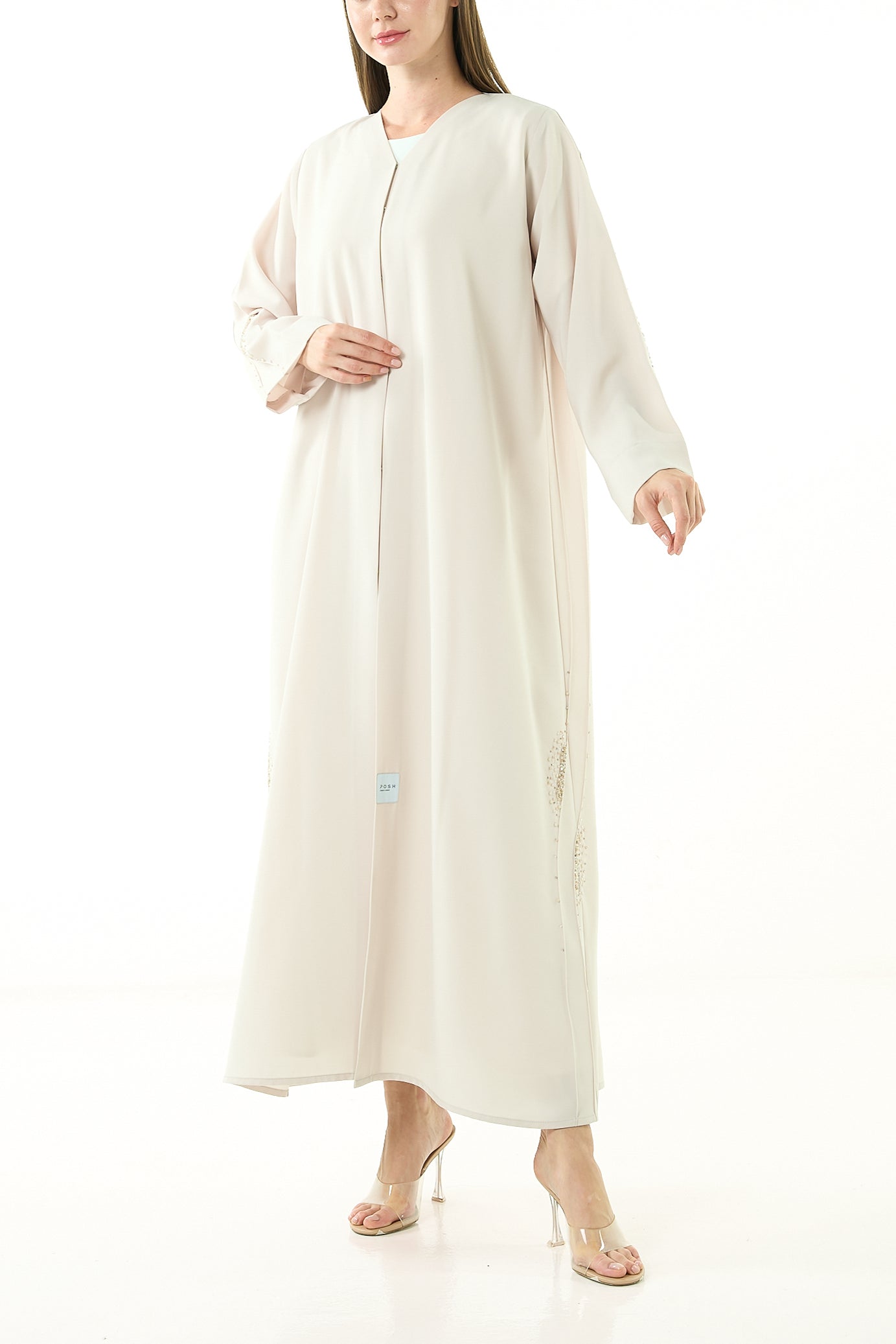 Beige Tokyo Crepe Abaya with Pintuck Front and Crystal Bead Detailing - Posh Abaya