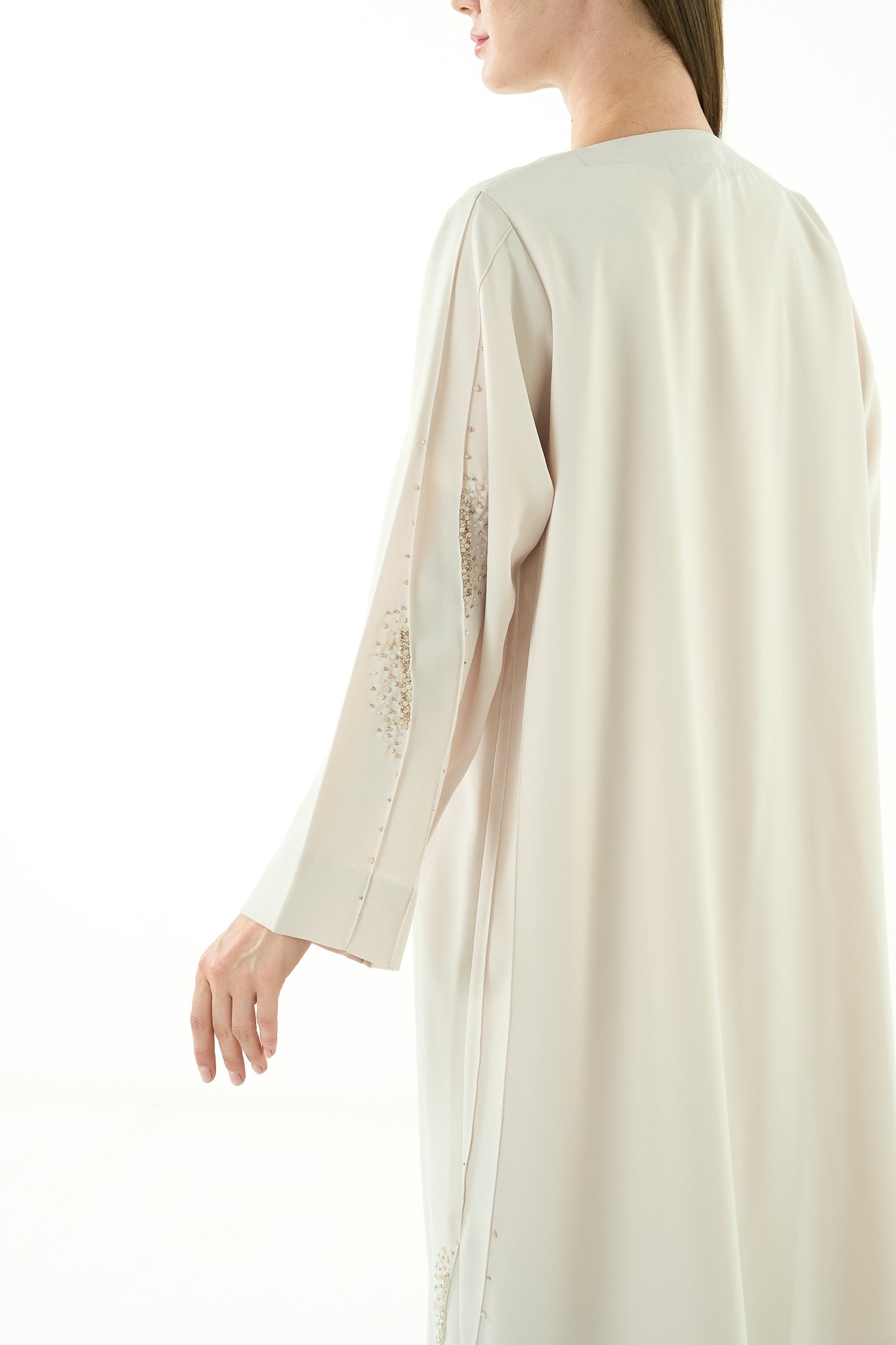 Beige Tokyo Crepe Abaya with Pintuck Front and Crystal Bead Detailing - Posh Abaya