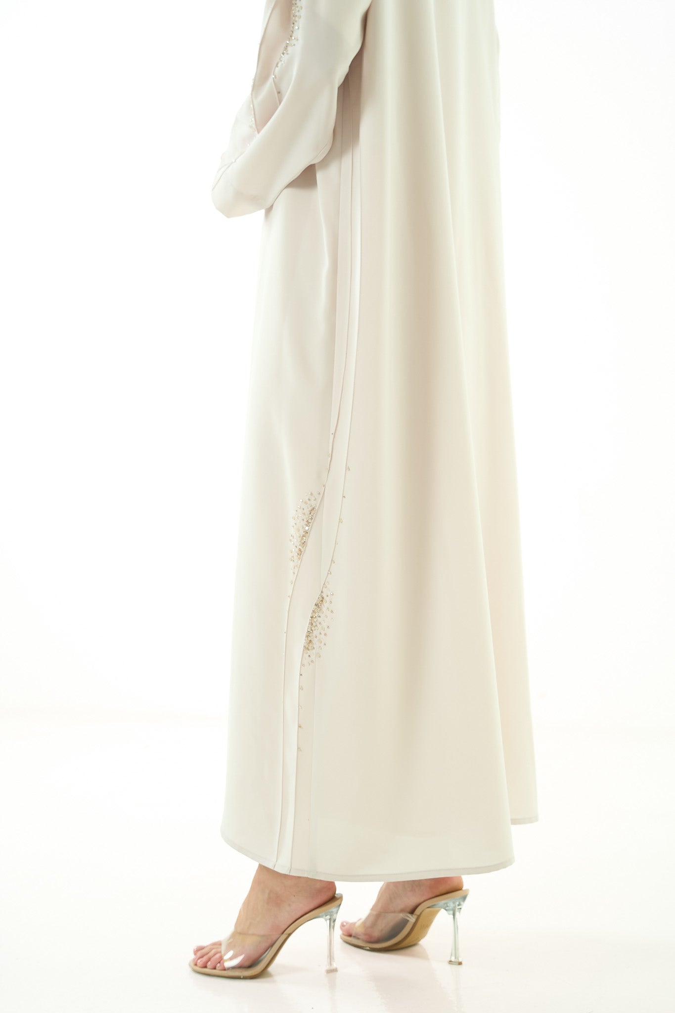 Beige Tokyo Crepe Abaya with Pintuck Front and Crystal Bead Detailing - Posh Abaya