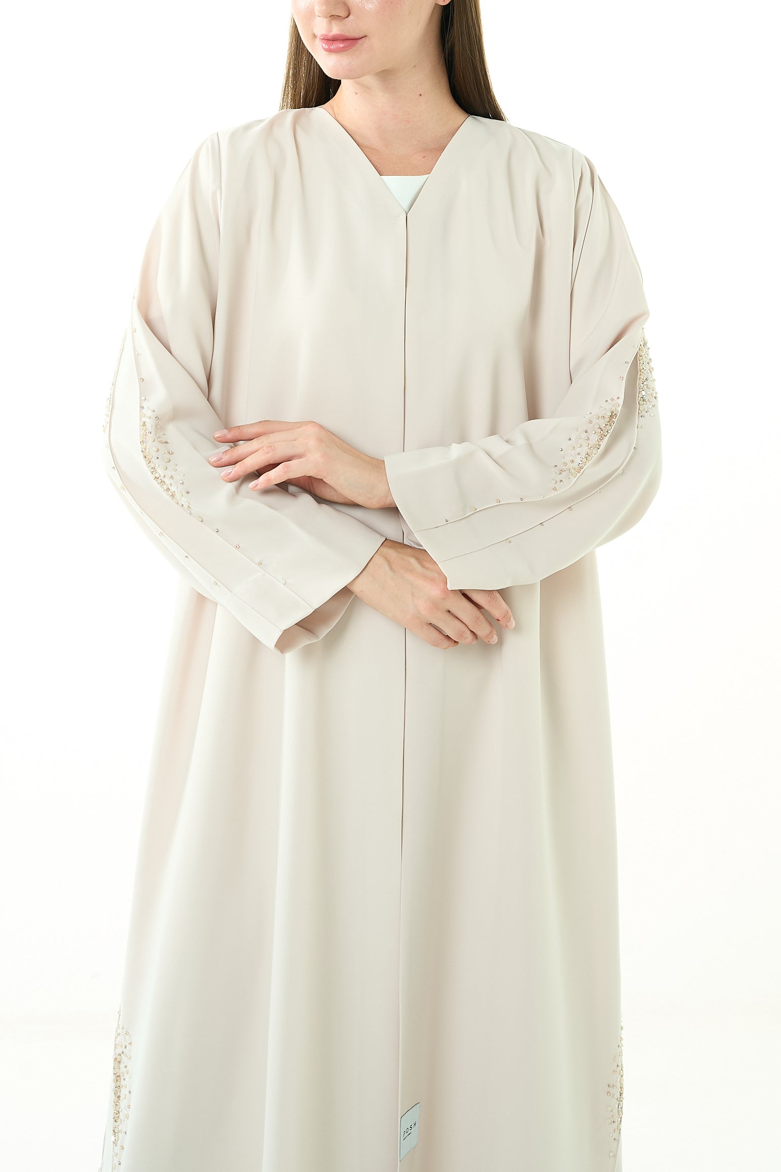 Beige Tokyo Crepe Abaya with Pintuck Front and Crystal Bead Detailing - Posh Abaya