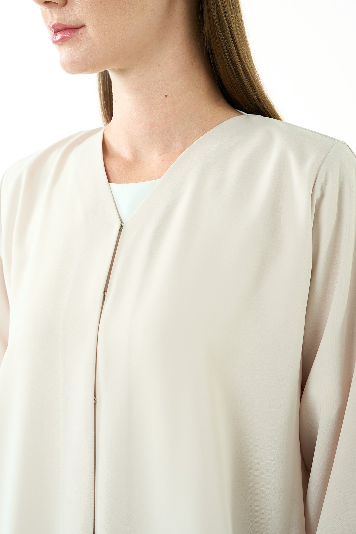 Beige Tokyo Crepe Abaya with Pintuck Front and Crystal Bead Detailing - Posh Abaya