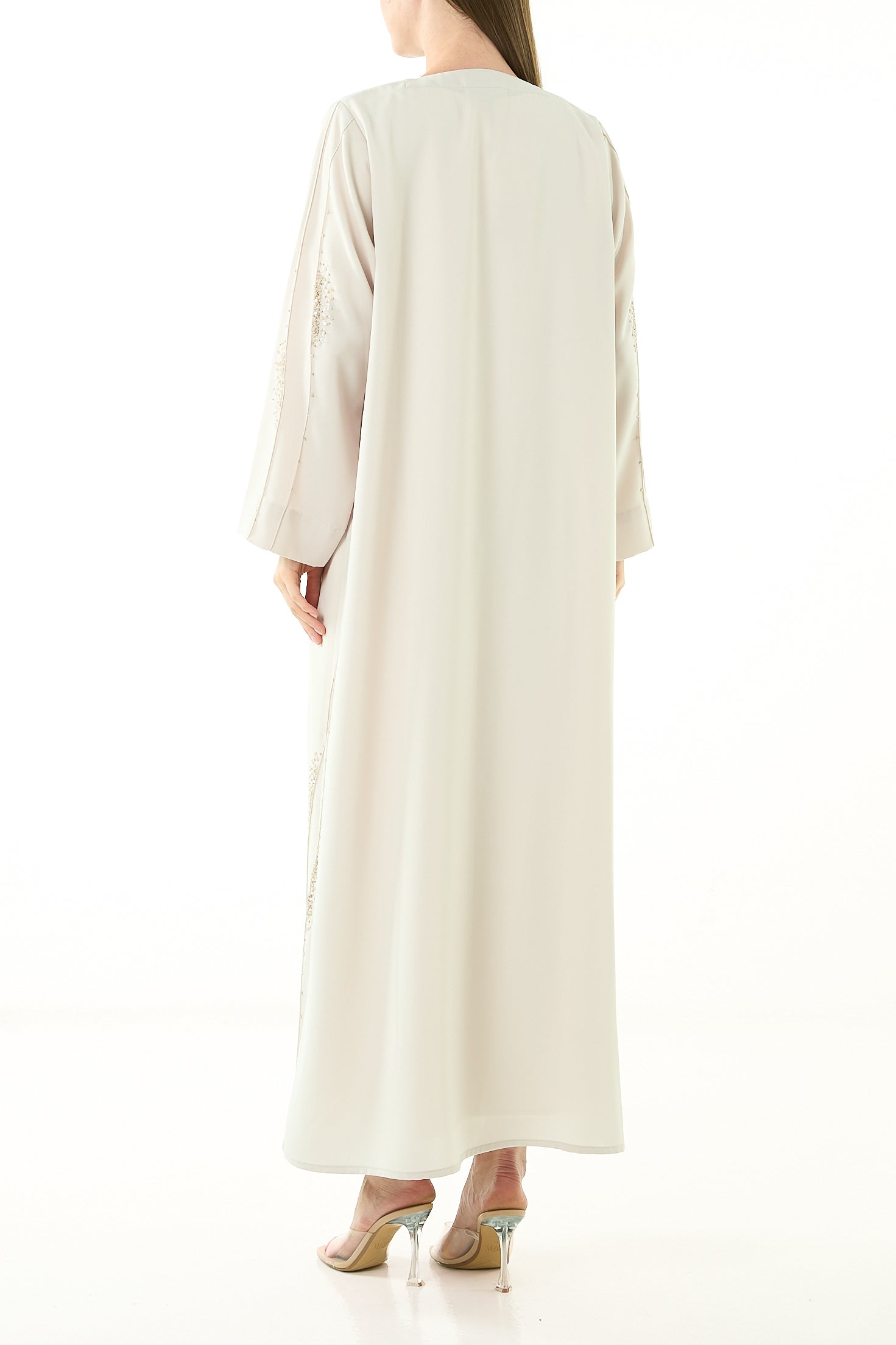 Beige Tokyo Crepe Abaya with Pintuck Front and Crystal Bead Detailing - Posh Abaya