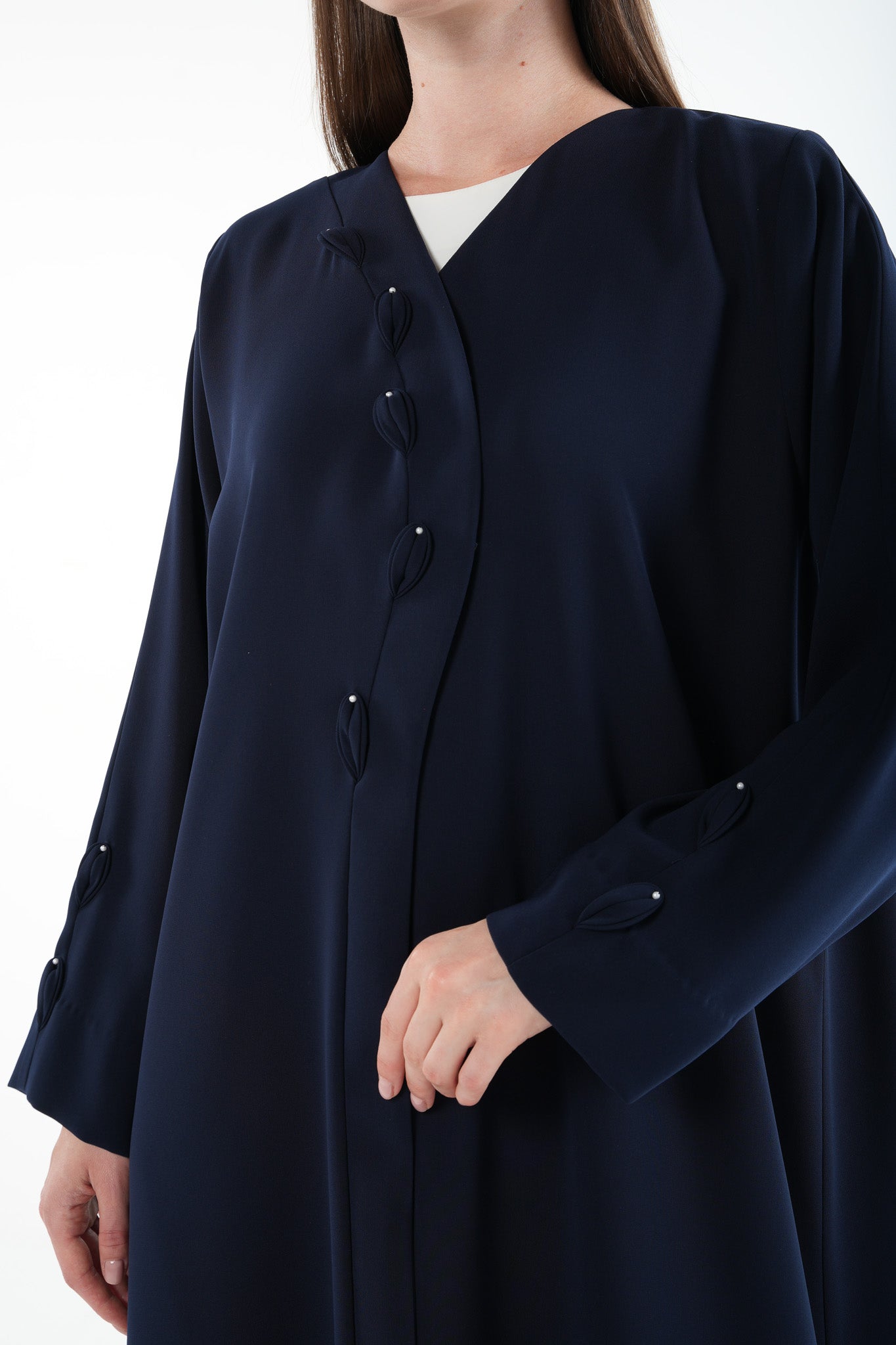 Blue Wave Crepe Abaya with Overlap and Leaf Embellishment - Posh Abaya