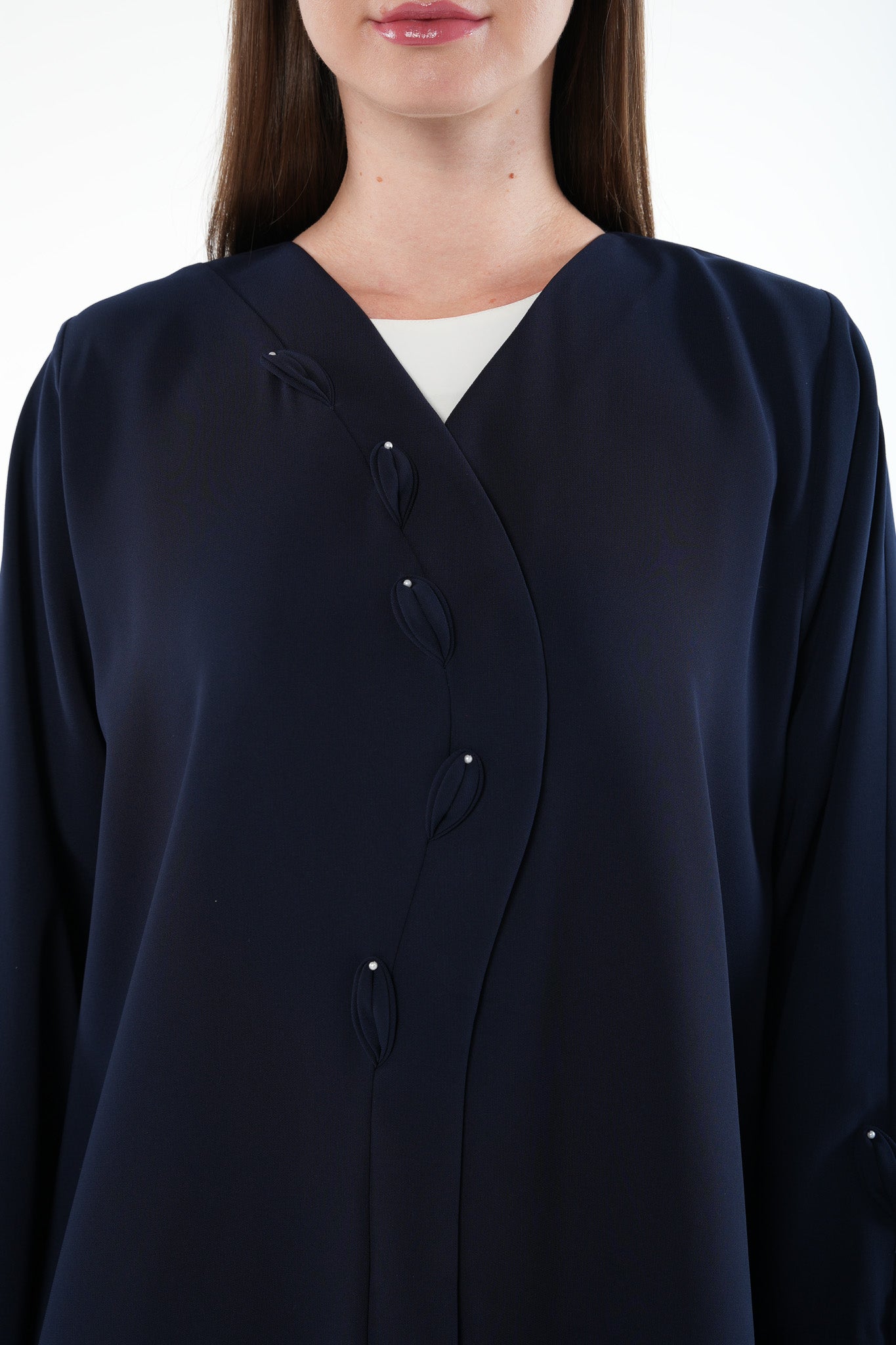 Blue Wave Crepe Abaya with Overlap and Leaf Embellishment - Posh Abaya