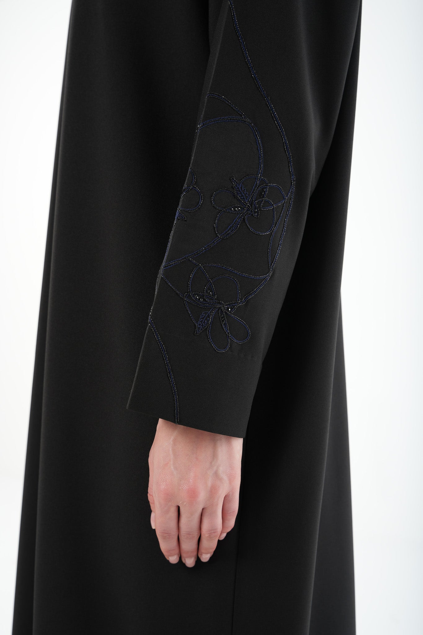 Black Kadi Abaya with Sleeve Embroidery and Organza Insert - Posh Abaya