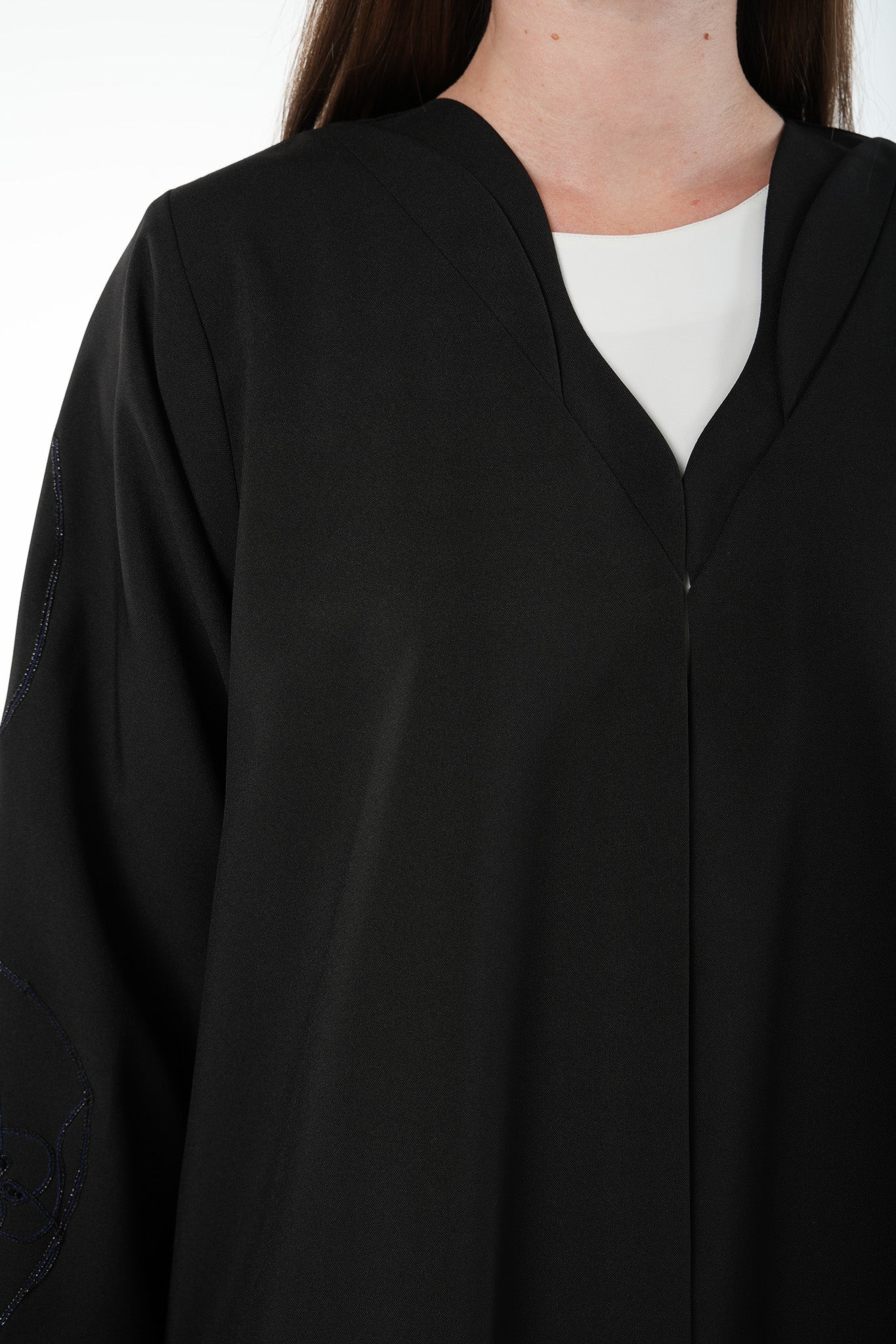 Black Kadi Abaya with Sleeve Embroidery and Organza Insert - Posh Abaya