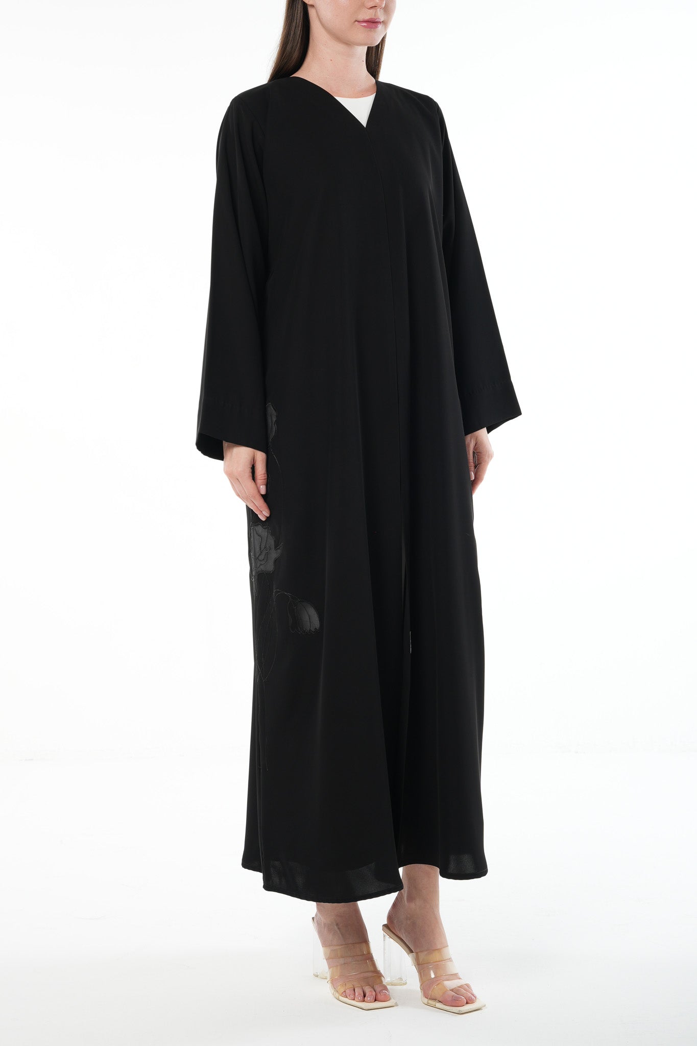 Black Aria Crepe Abaya with Floral Embroidery - Posh Abaya