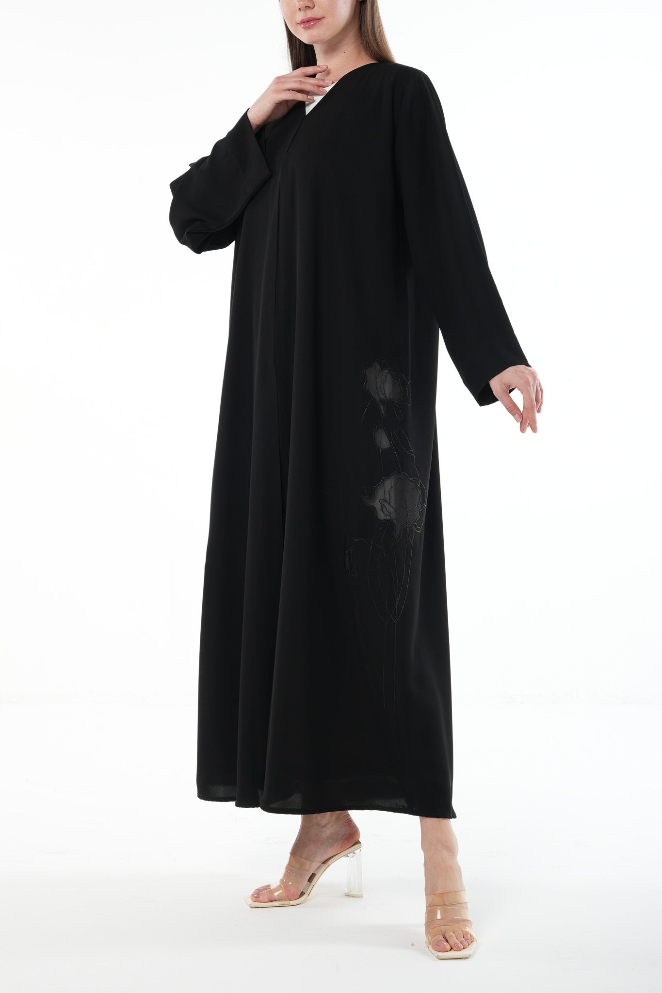 Black Aria Crepe Abaya with Floral Embroidery - Posh Abaya