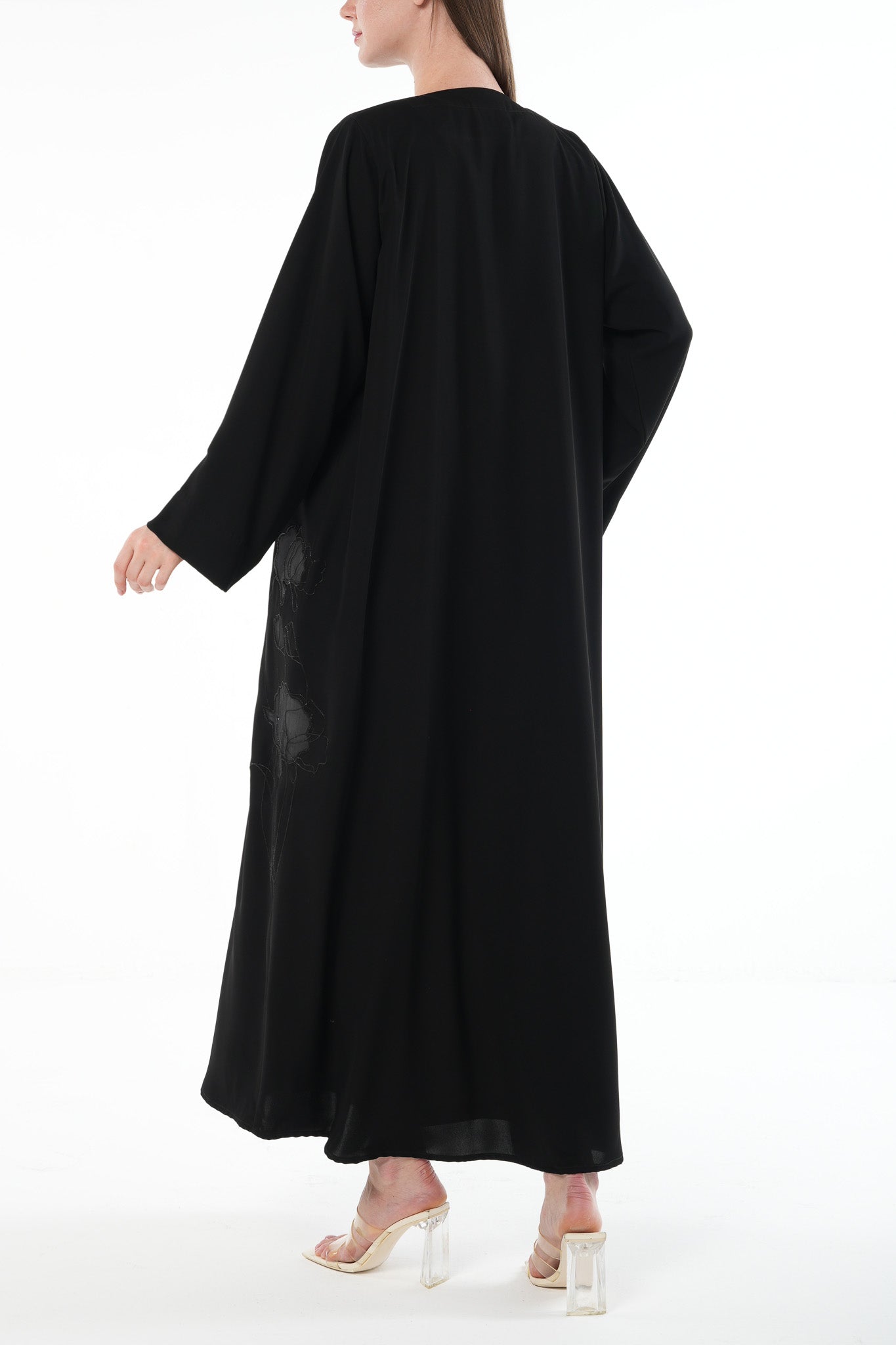 Black Aria Crepe Abaya with Floral Embroidery - Posh Abaya