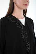 Black Farasha Crepe Abaya with Front Floral Linear Embroidery - Posh Abaya