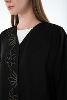 Black Farasha Crepe Abaya with Front Floral Linear Embroidery - Posh Abaya