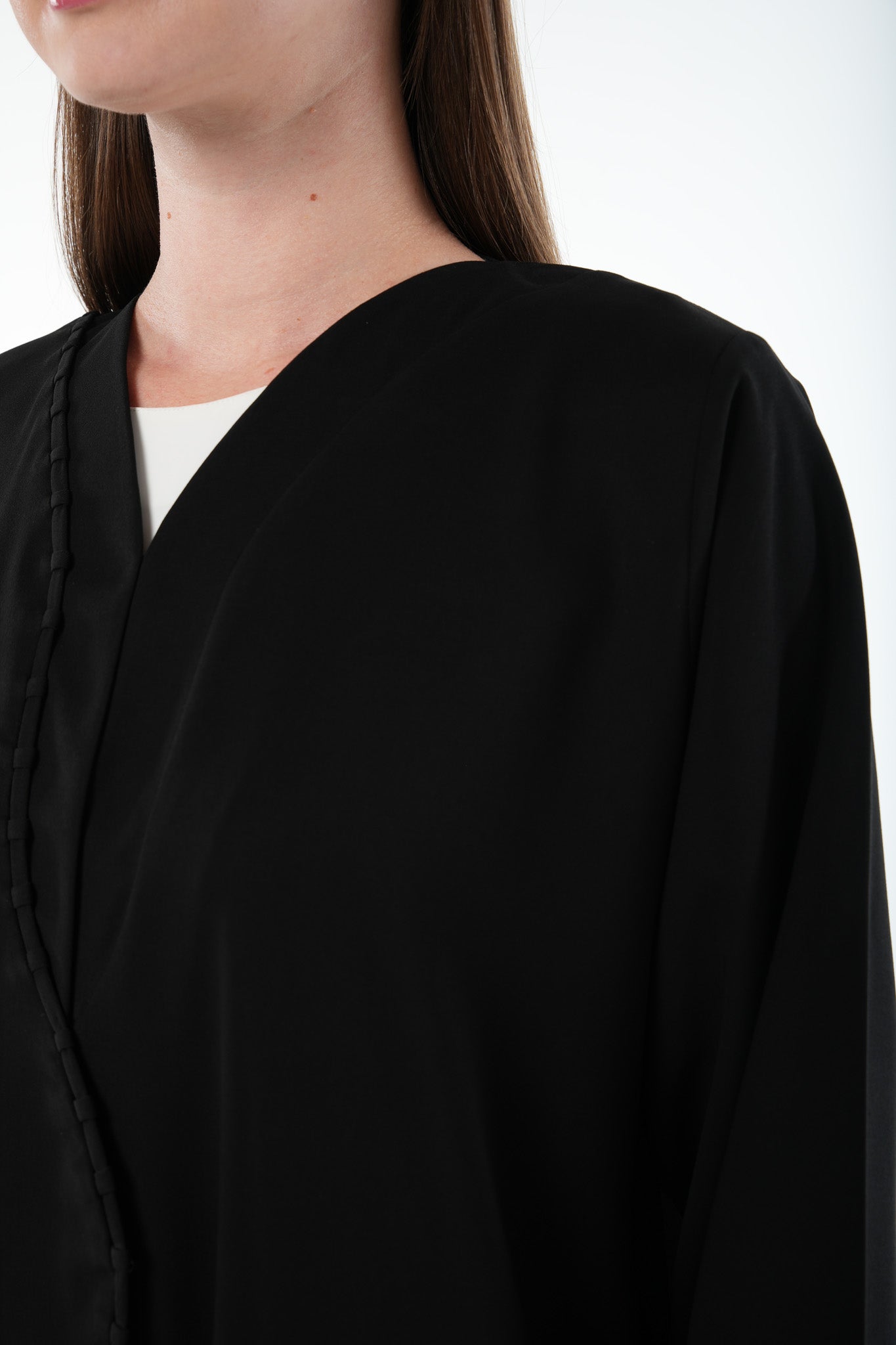 Black Nova Crepe Abaya with Curved Overlap and Pleat Detail - Posh Abaya