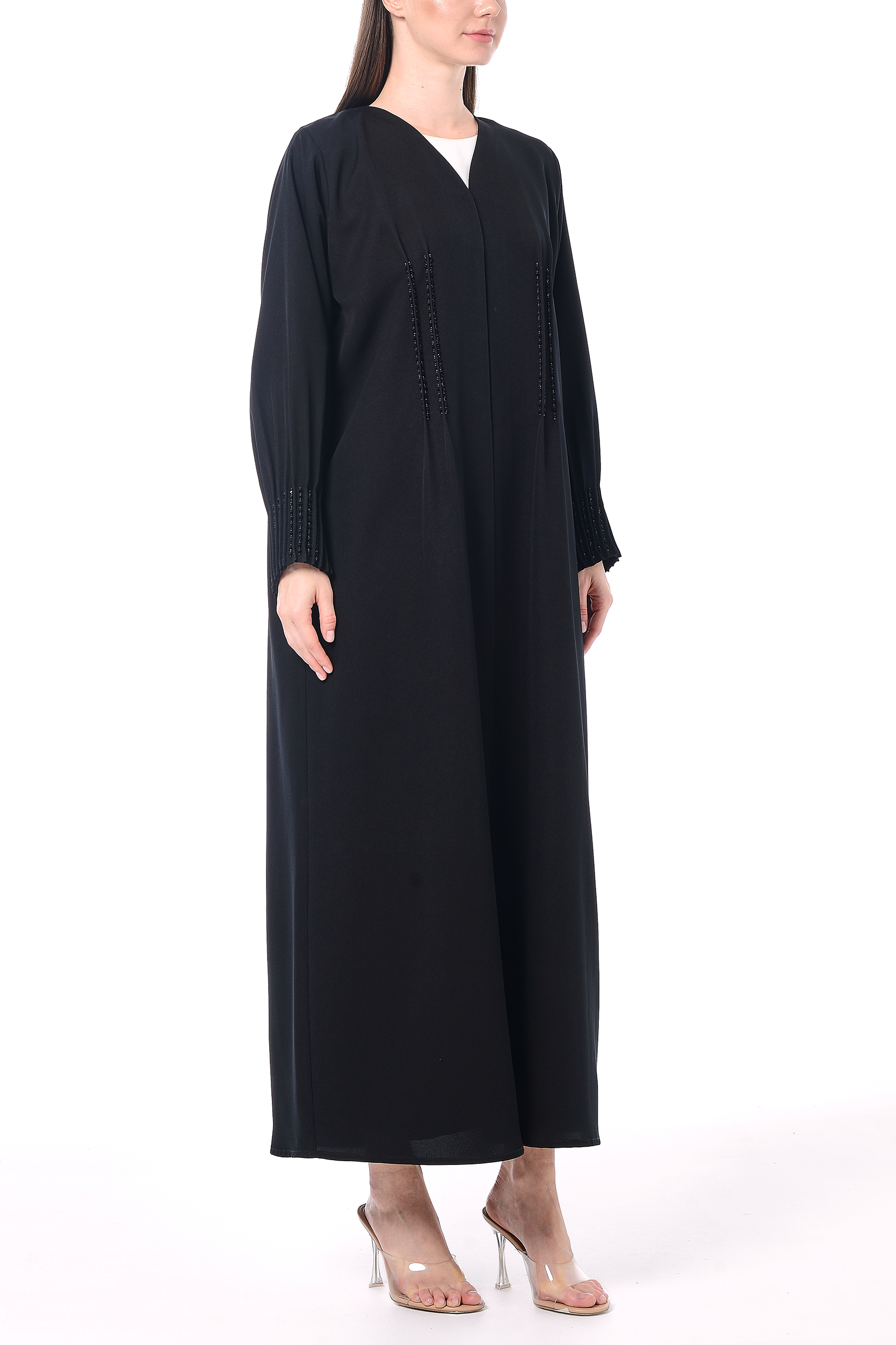 Black Emarati Crepe Abaya with Intricate Beadwork - Posh Abaya