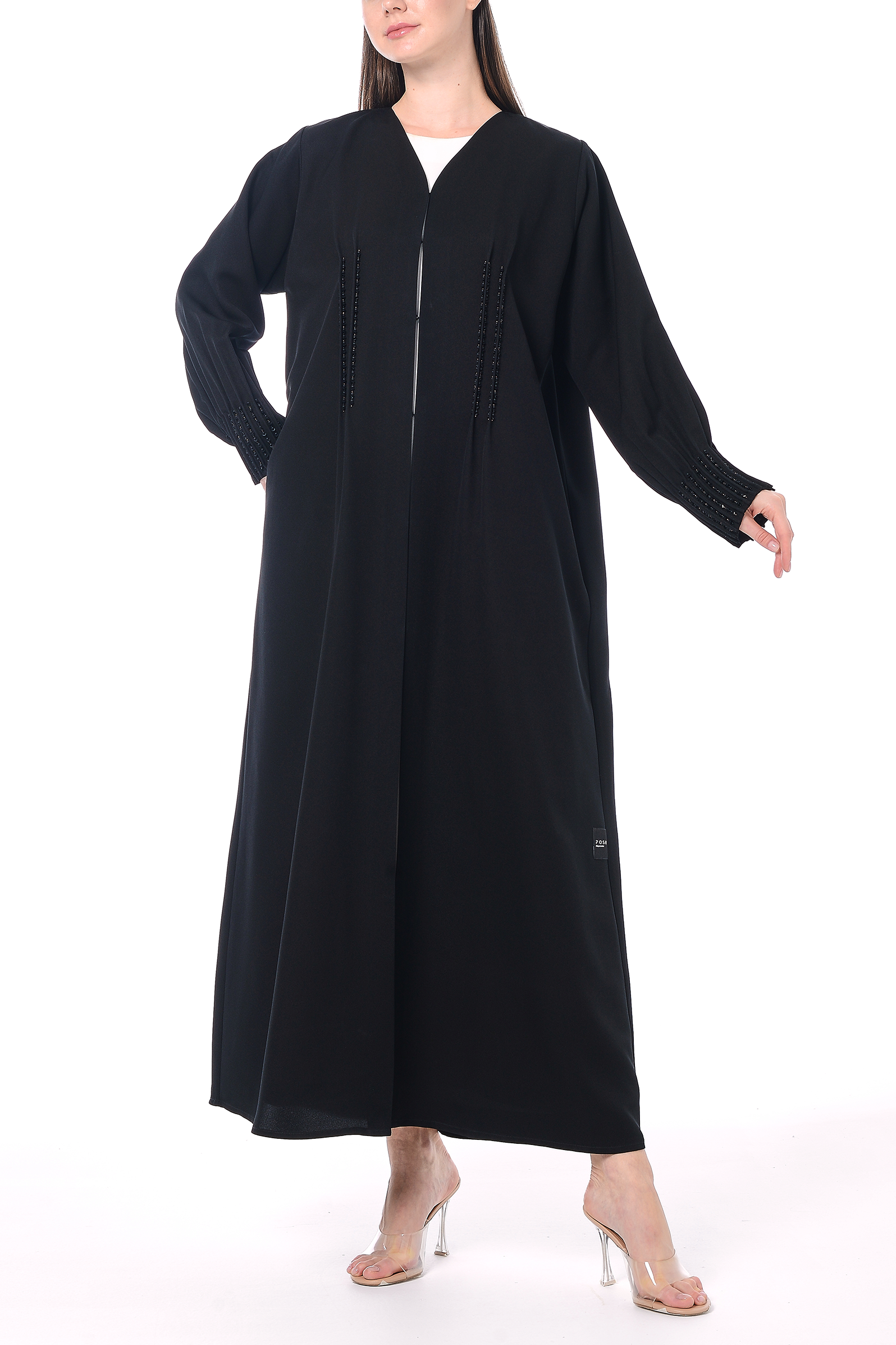 Black Emarati Crepe Abaya with Intricate Beadwork - Posh Abaya