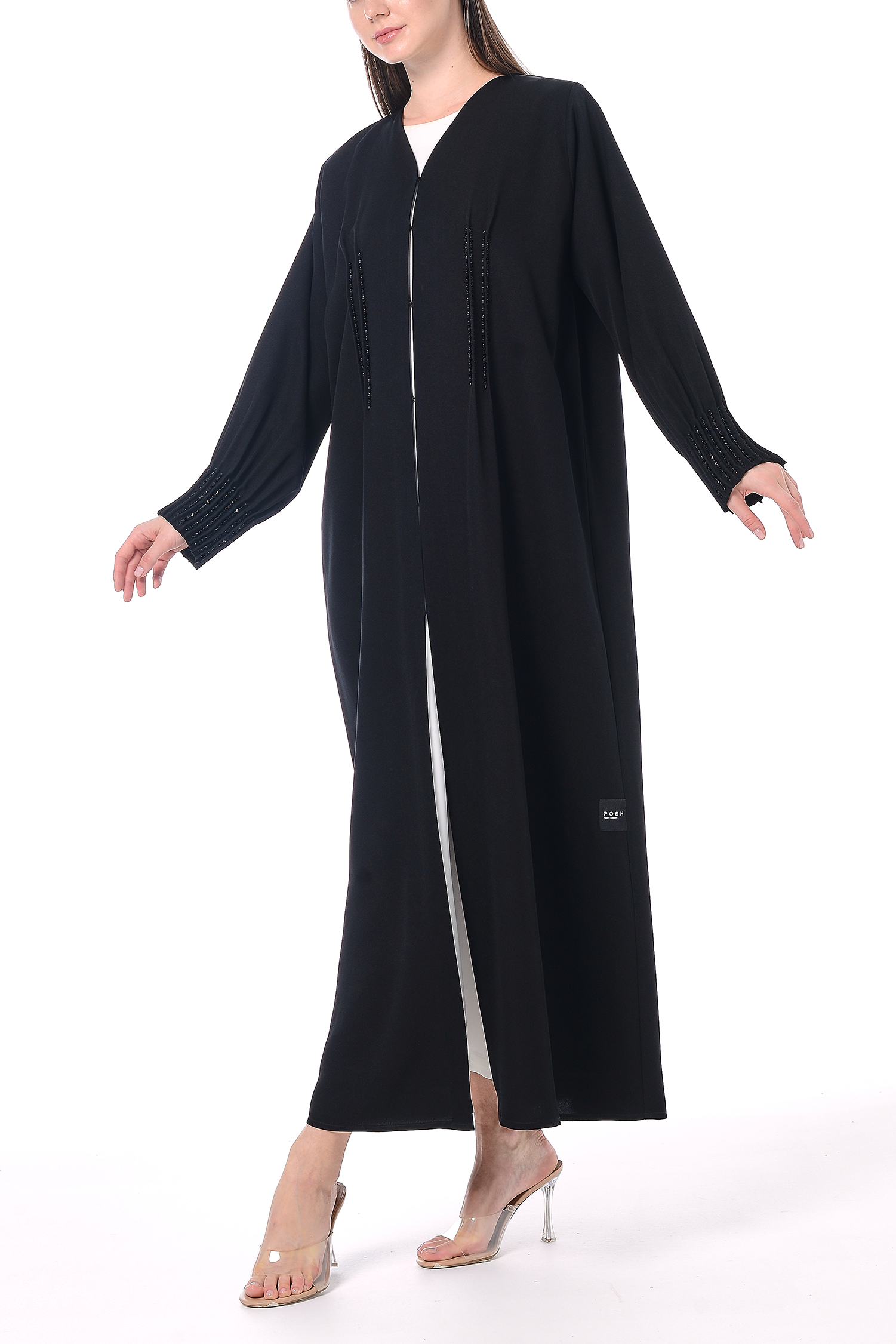 Black Emarati Crepe Abaya with Intricate Beadwork - Posh Abaya