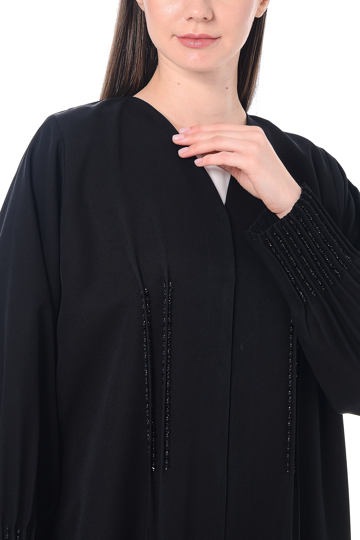 Black Emarati Crepe Abaya with Intricate Beadwork - Posh Abaya