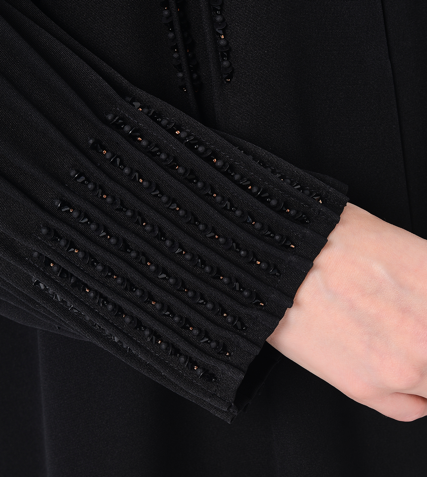 Black Emarati Crepe Abaya with Intricate Beadwork - Posh Abaya