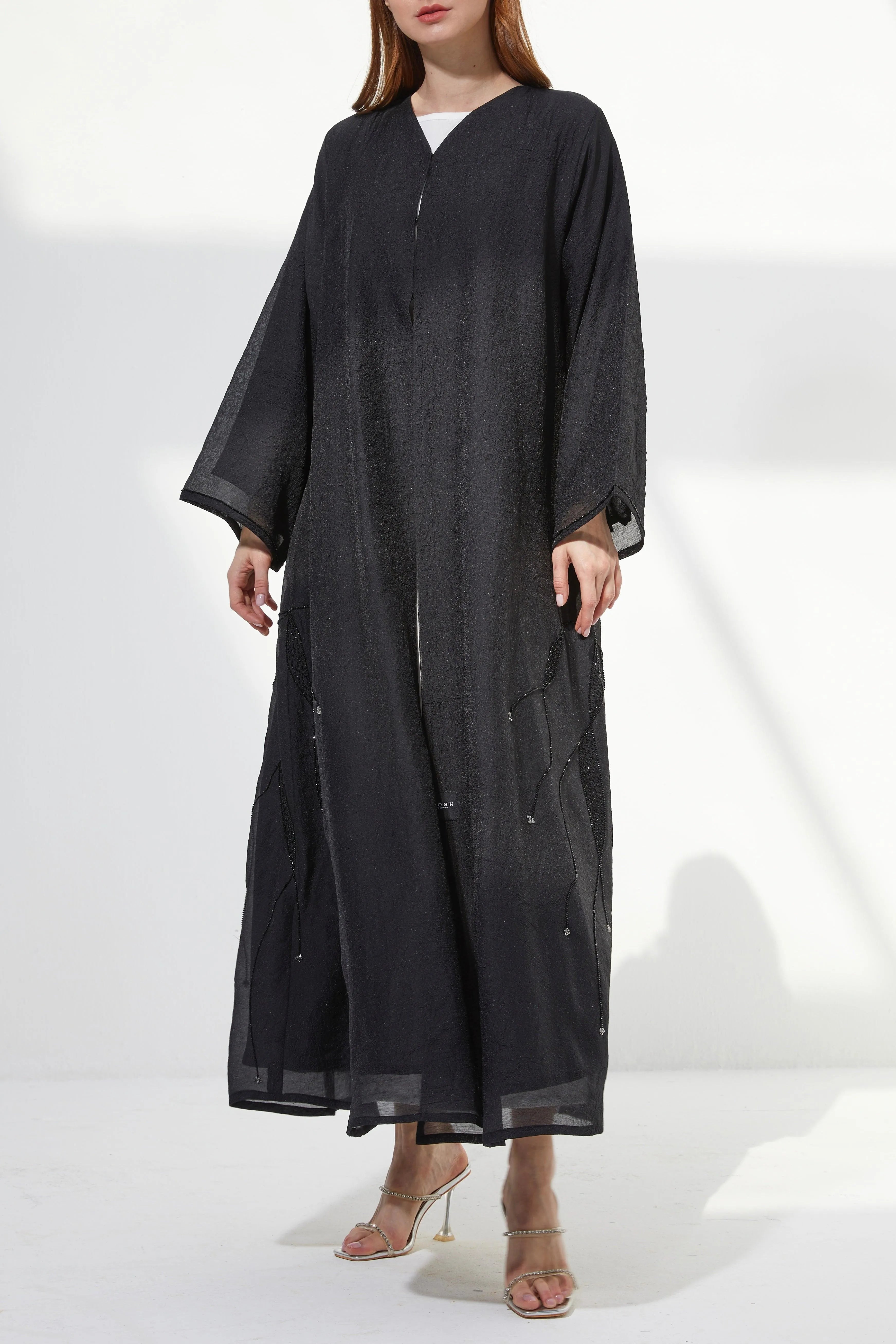 Black Organza Custom Abaya with Side Abstract Black & Silver Beadwork - Posh Abaya