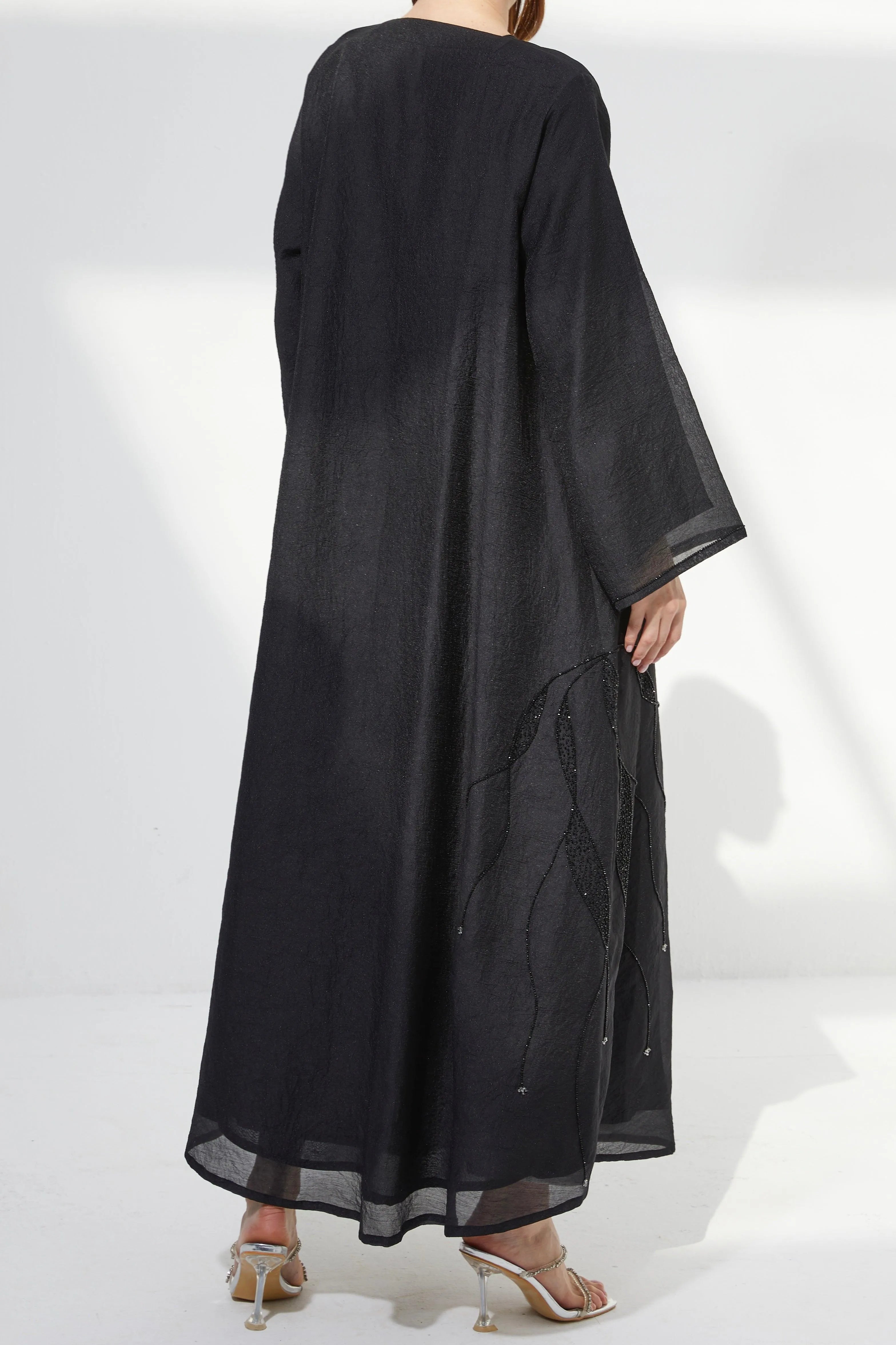 Black Organza Custom Abaya with Side Abstract Black & Silver Beadwork - Posh Abaya