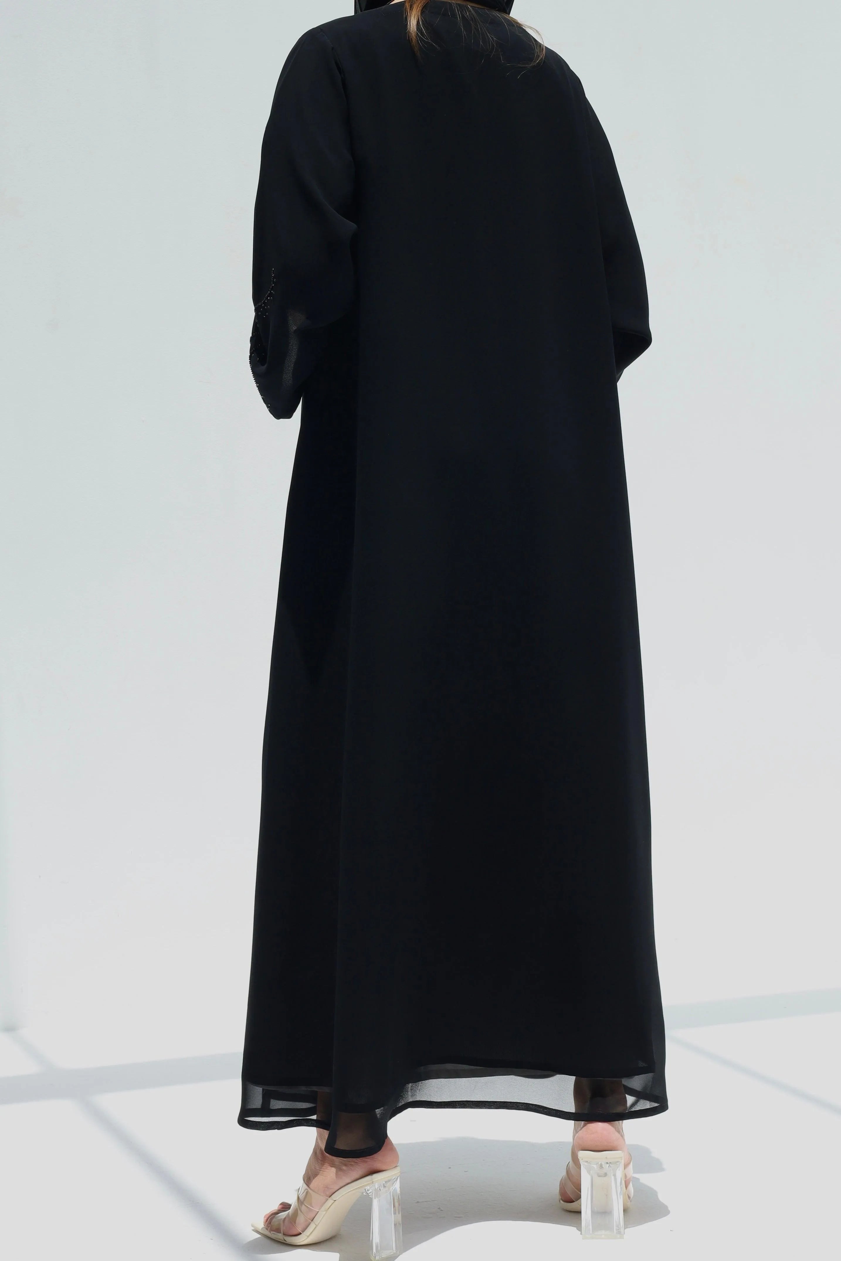 Black Chiffon Custom Abaya with Front Wavy Lines Beadwork - Posh Abaya