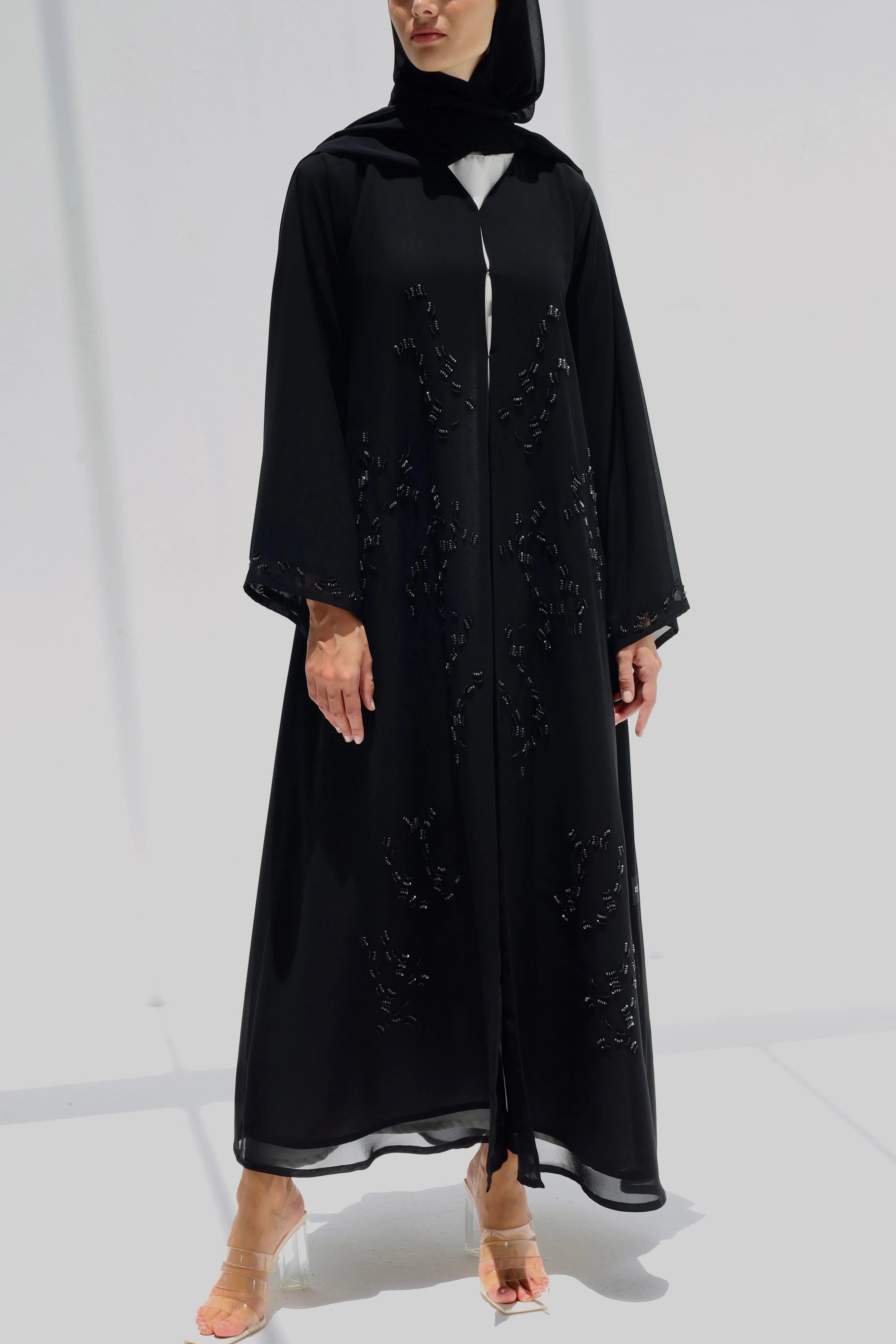Black Chiffon Flared Custom Abaya with Sparkling Beadwork - Posh Abaya