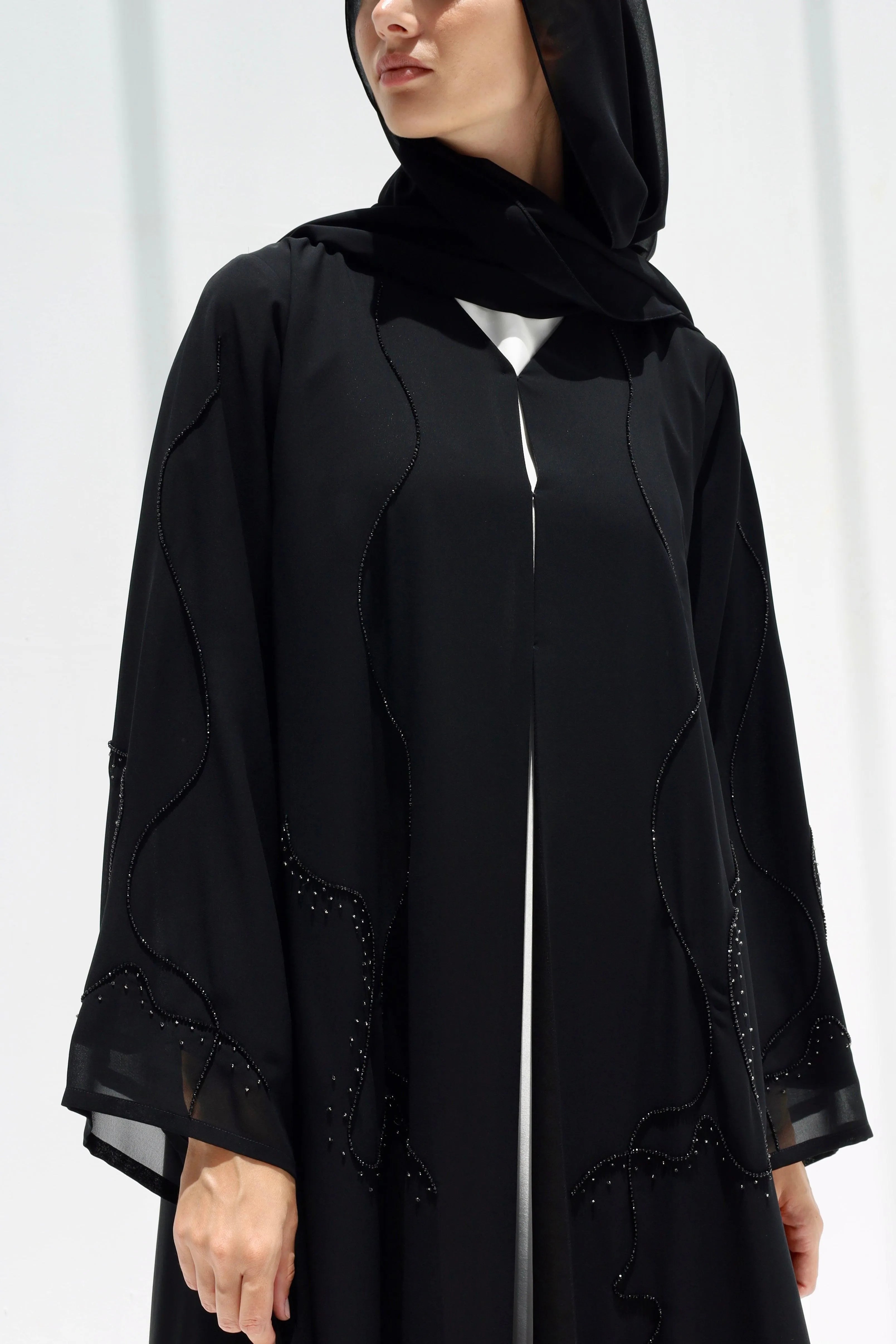 Black Chiffon Custom Abaya with Front Wavy Lines Beadwork - Posh Abaya