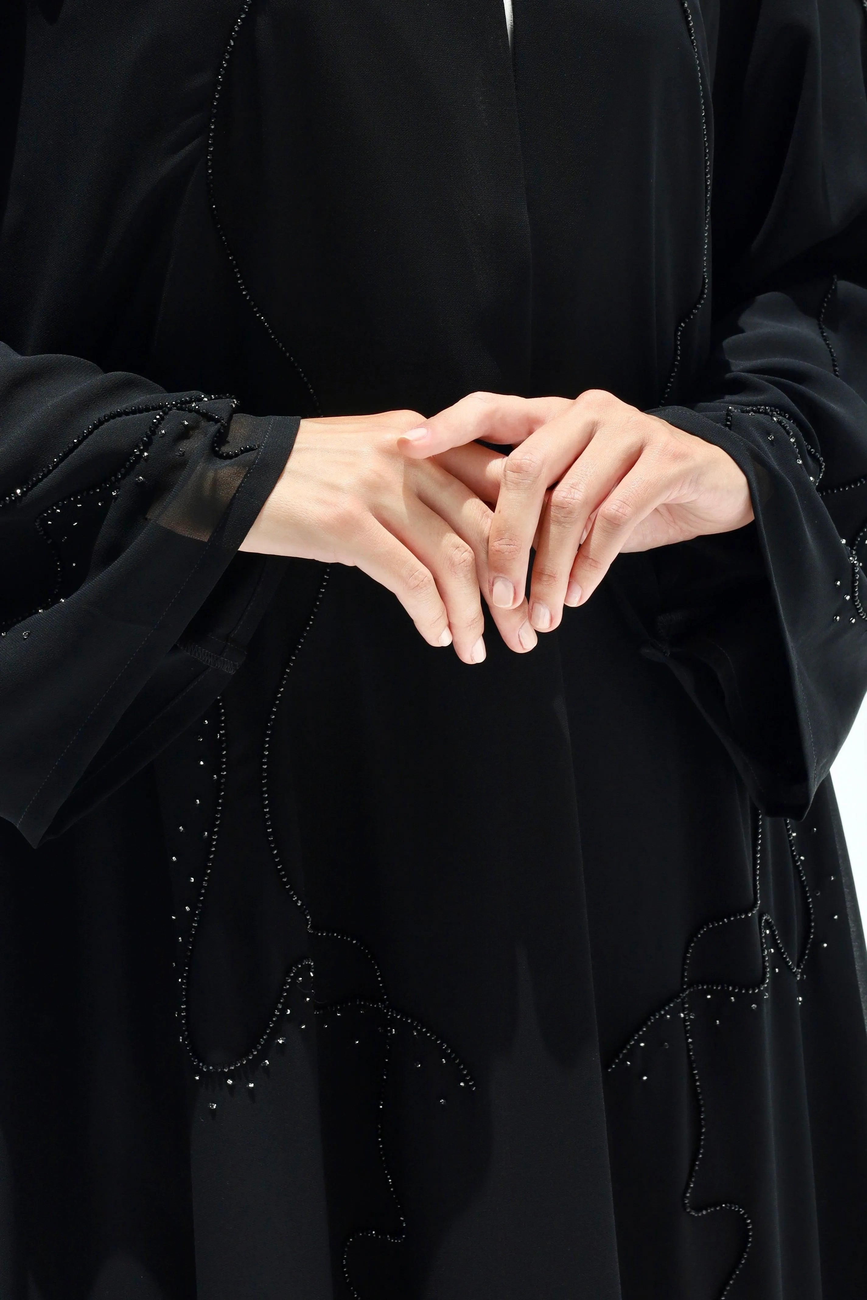 Black Chiffon Custom Abaya with Front Wavy Lines Beadwork - Posh Abaya