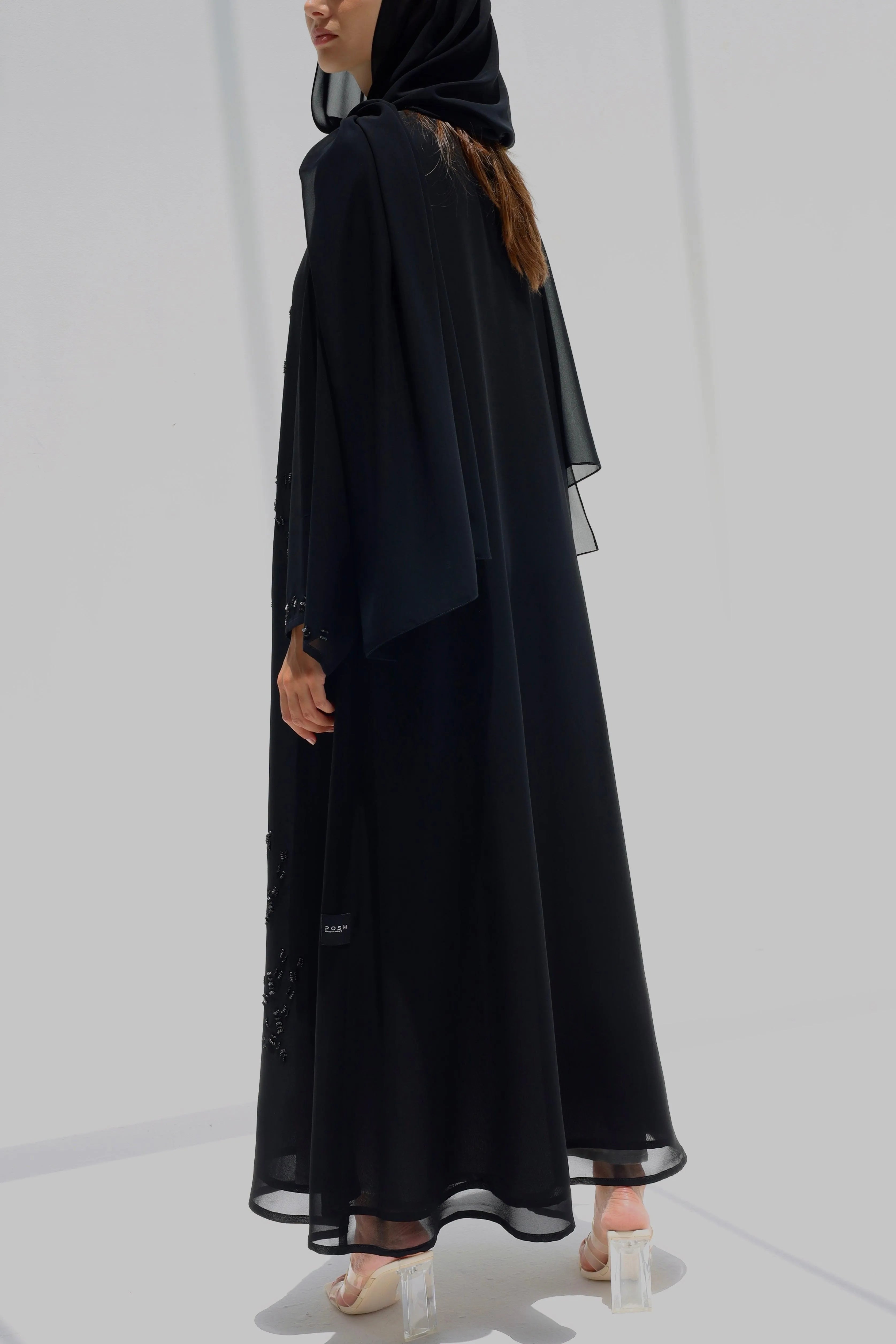 Black Chiffon Flared Custom Abaya with Sparkling Beadwork - Posh Abaya