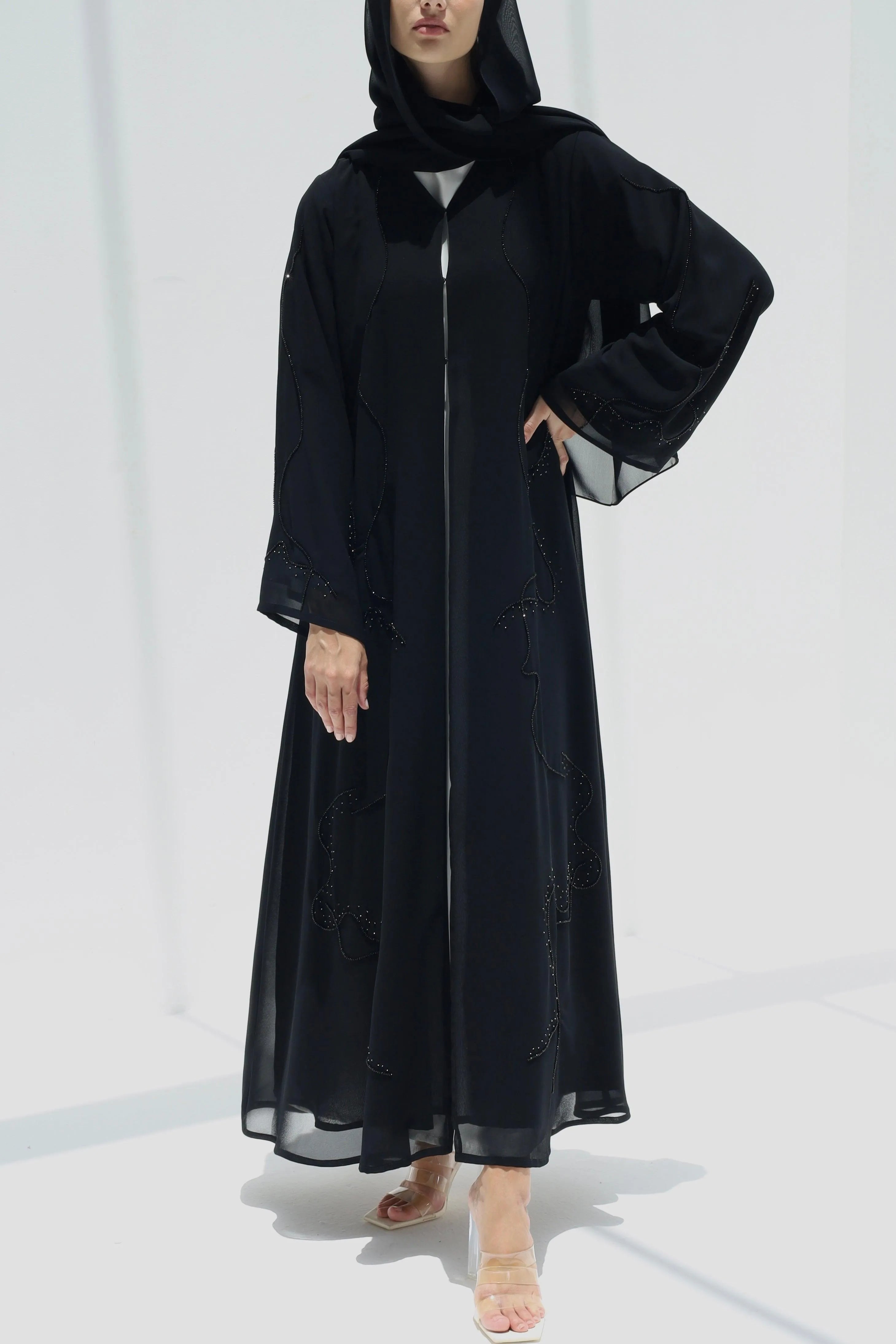 Black Chiffon Custom Abaya with Front Wavy Lines Beadwork - Posh Abaya