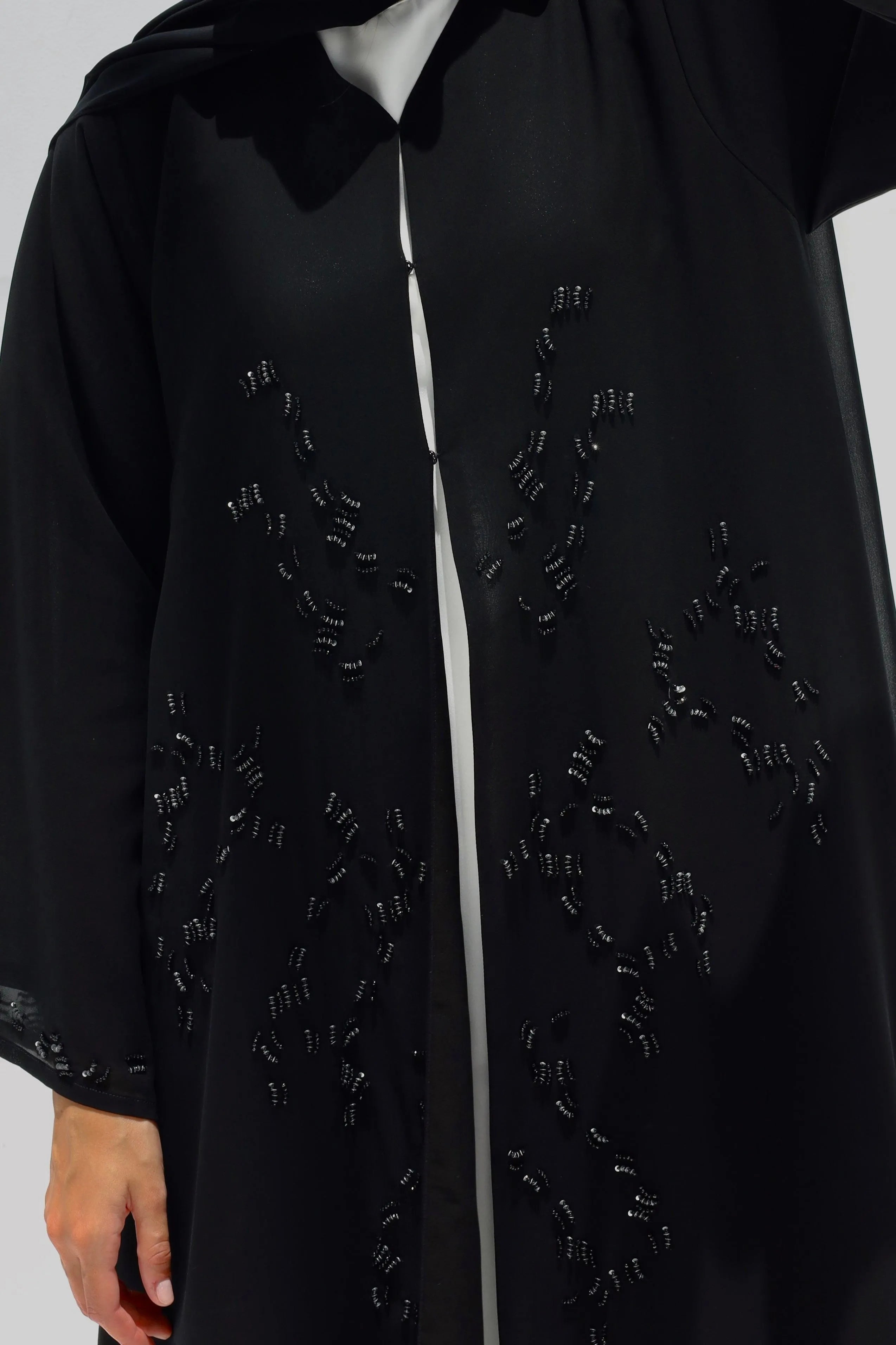 Black Chiffon Flared Custom Abaya with Sparkling Beadwork - Posh Abaya
