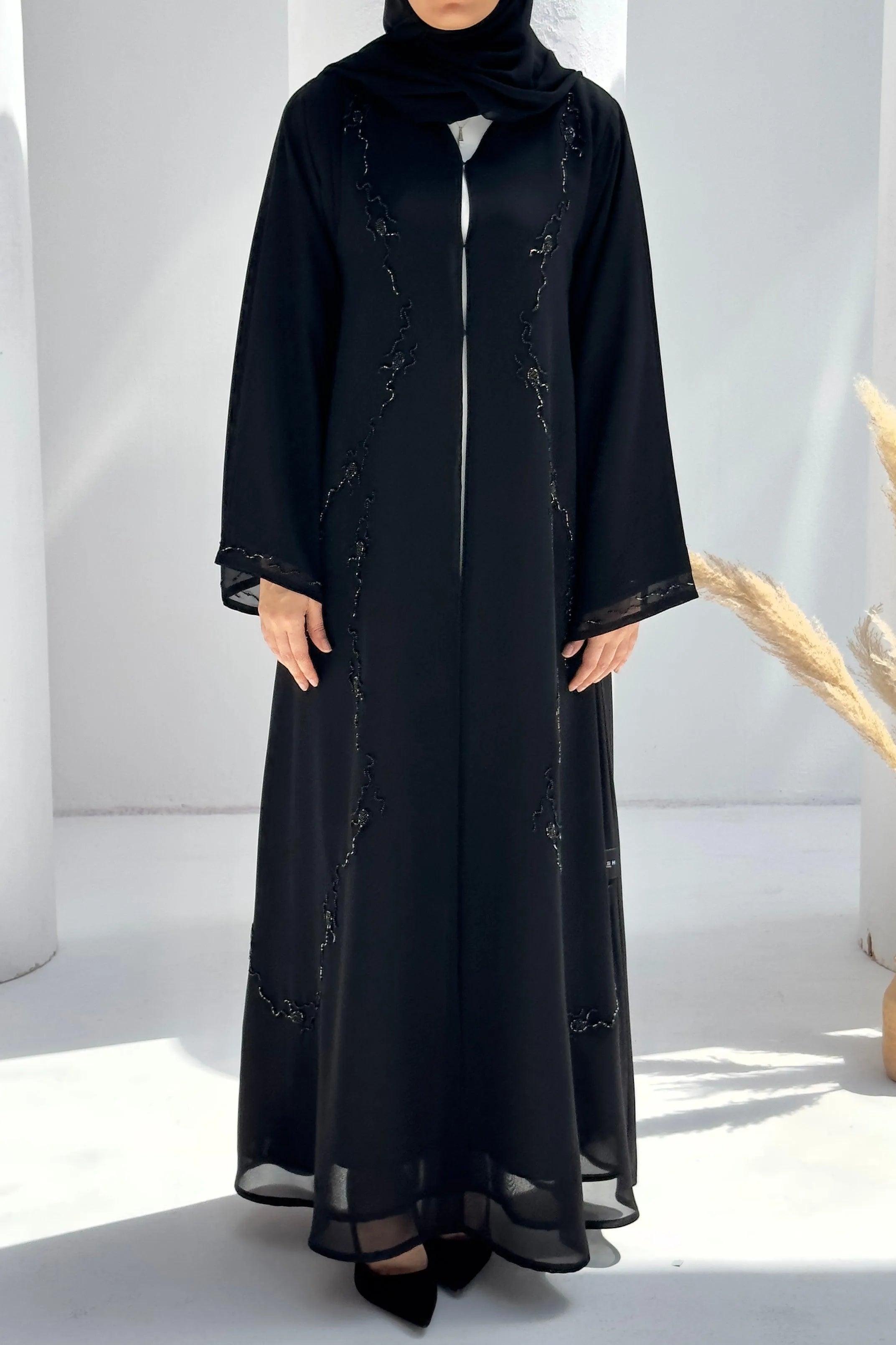 Black Chiffon Flared Custom Abaya with Front Abstract Black & Silver Beadwork - Posh Abaya