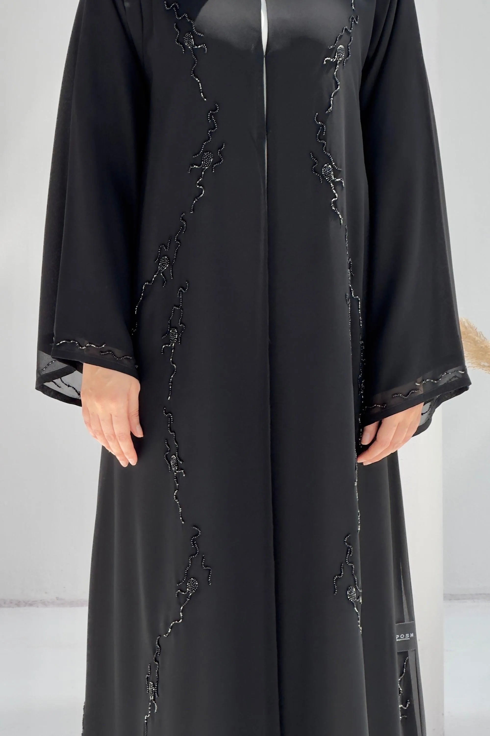 Black Chiffon Flared Custom Abaya with Front Abstract Black & Silver Beadwork - Posh Abaya