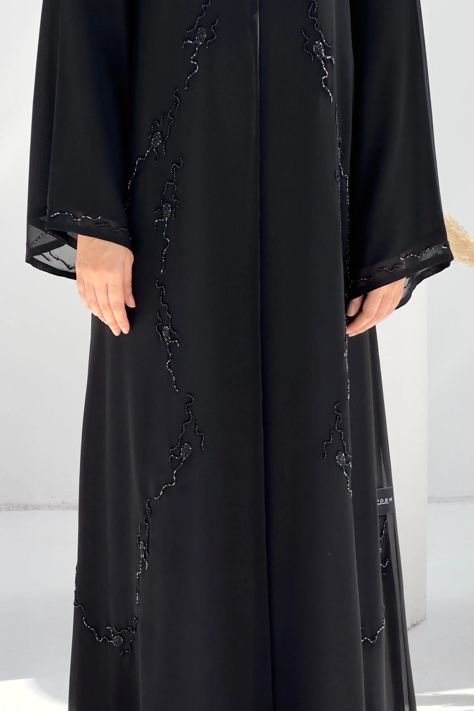 Black Chiffon Flared Custom Abaya with Front Abstract Black & Silver Beadwork - Posh Abaya