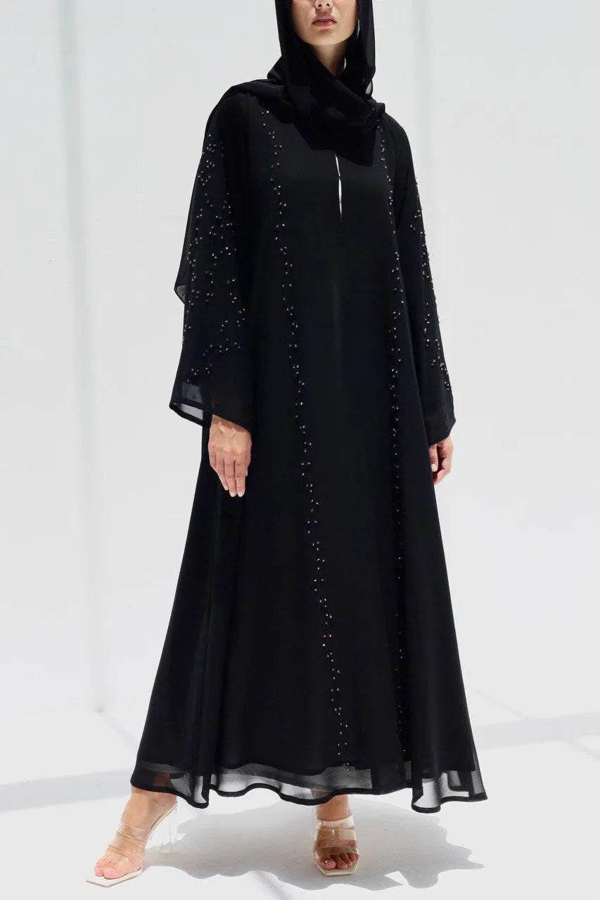 Black Chiffon Custom Abaya with Shiny Scattered Beadwork - Posh Abaya