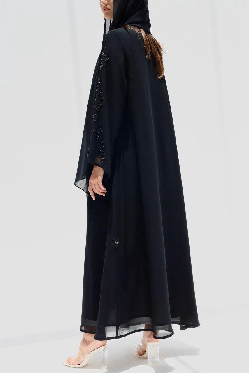 Black Chiffon Custom Abaya with Shiny Scattered Beadwork - Posh Abaya